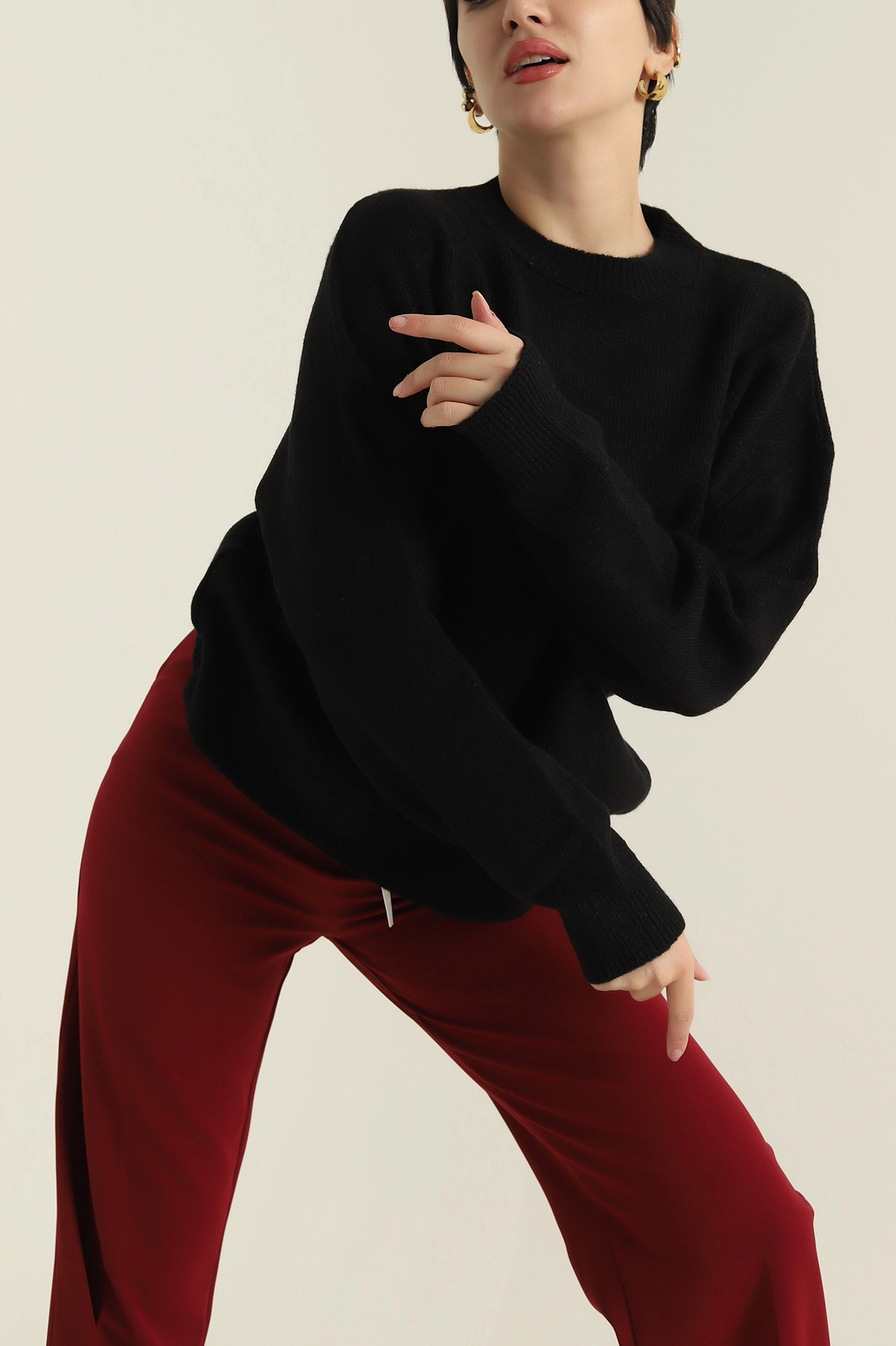 Siyah Bisiklet Yaka Oversize Kadın Triko Kazak 421234