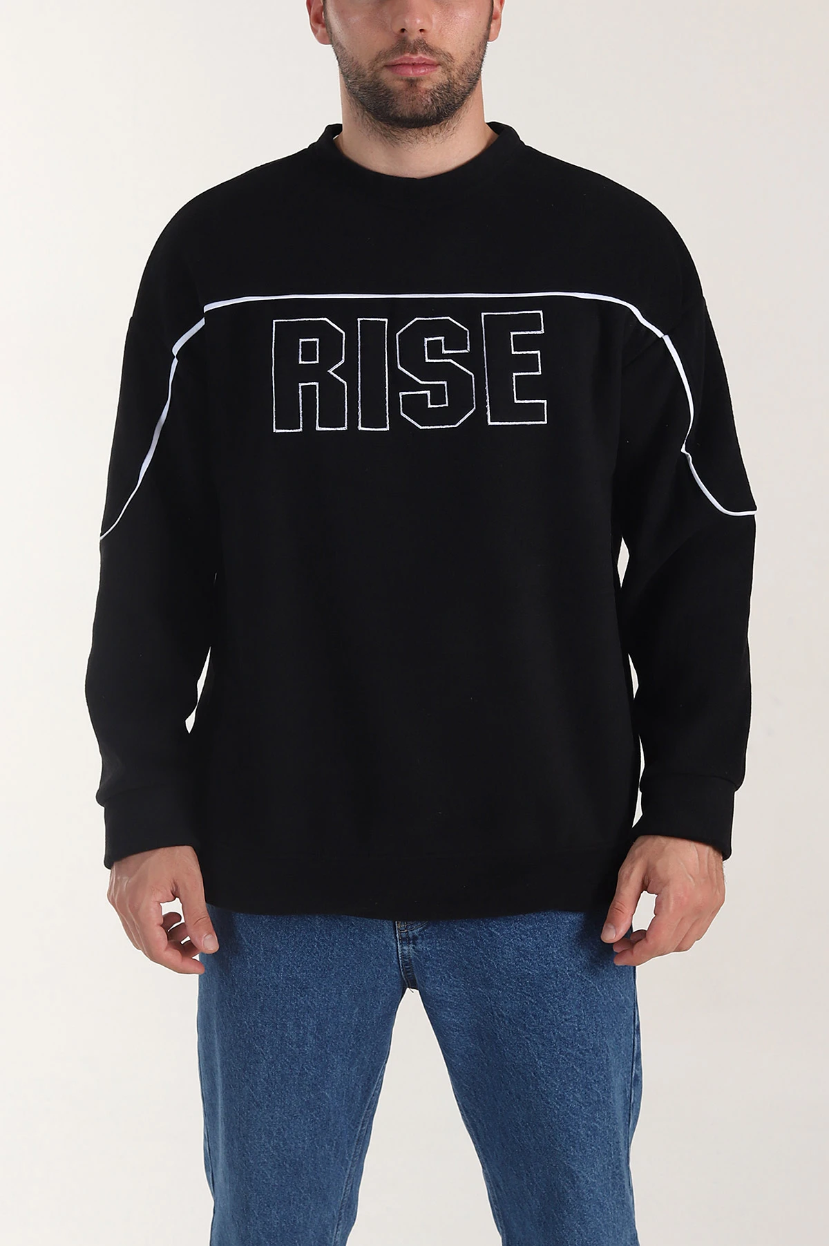 Siyah Bisiklet Yaka Polar Kumaş Yazı Detaylı Erkek Sweatshirt 404252