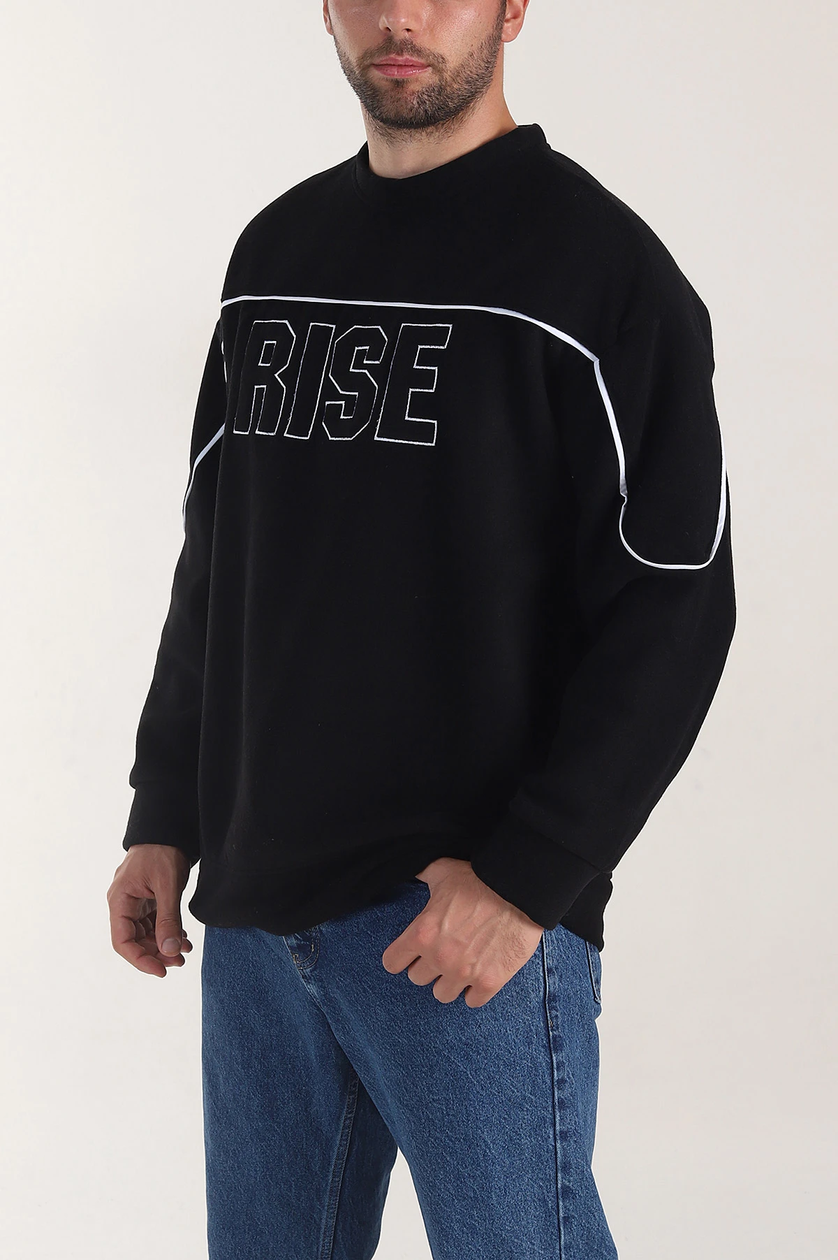Siyah Bisiklet Yaka Polar Kumaş Yazı Detaylı Erkek Sweatshirt 404252
