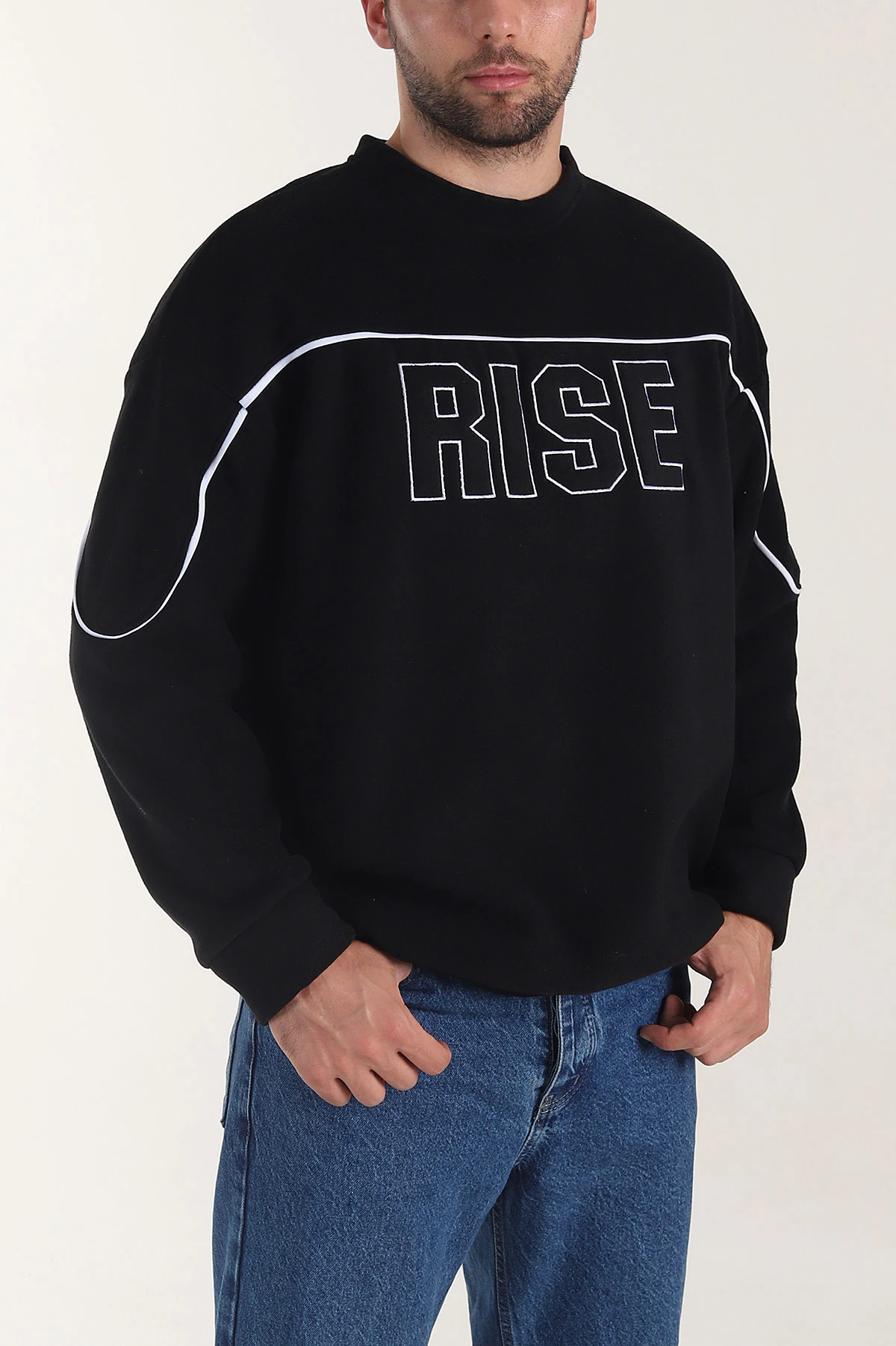 Siyah Bisiklet Yaka Polar Kumaş Yazı Detaylı Erkek Sweatshirt 404252