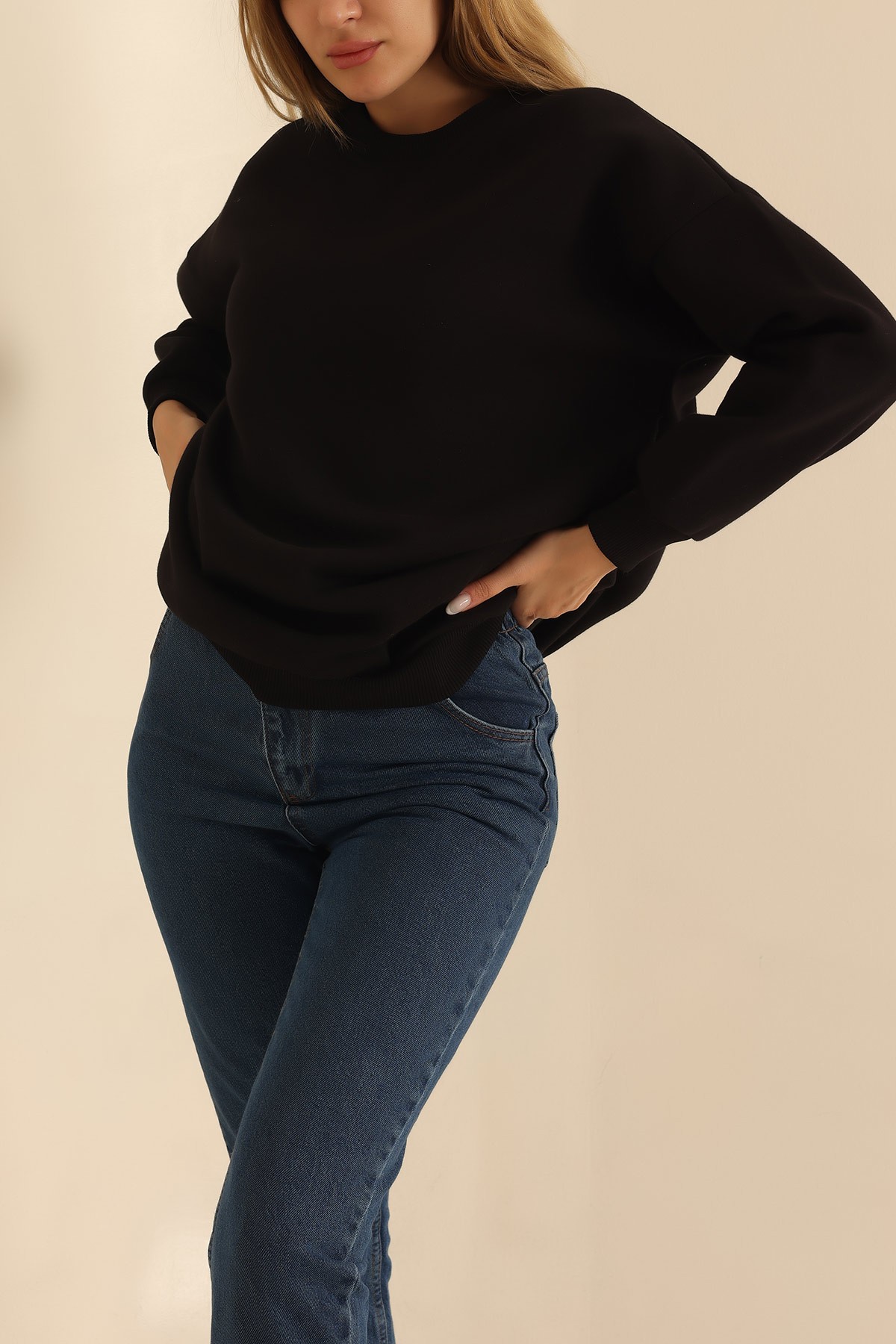 Siyah Bisiklet Yaka Şardonlu Sweat 216601
