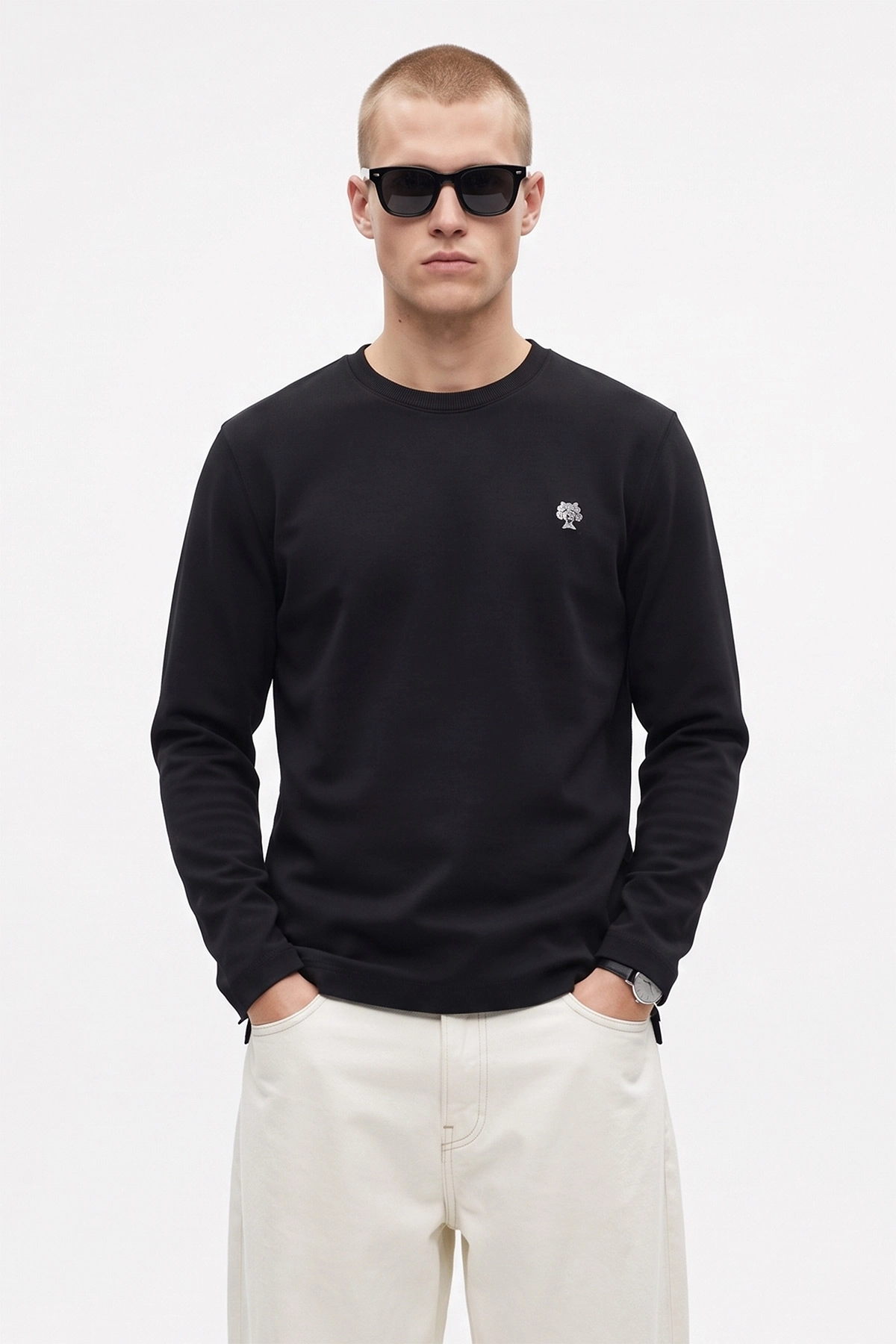 Siyah Bisiklet Yaka Sırt Nakış Detaylı Erkek Sweatshirt 491991
