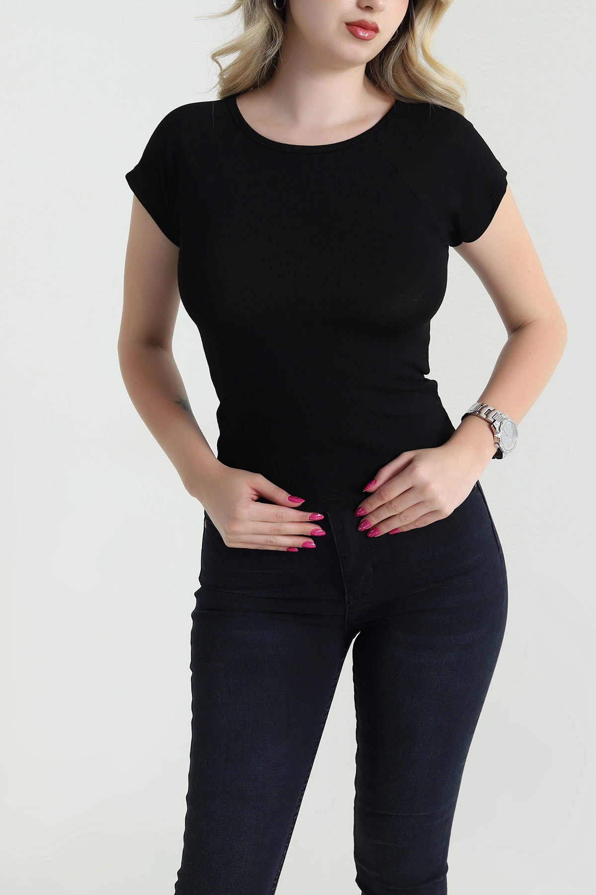 Siyah Bisiklet Yaka Viskon Kadın Bluz 462648