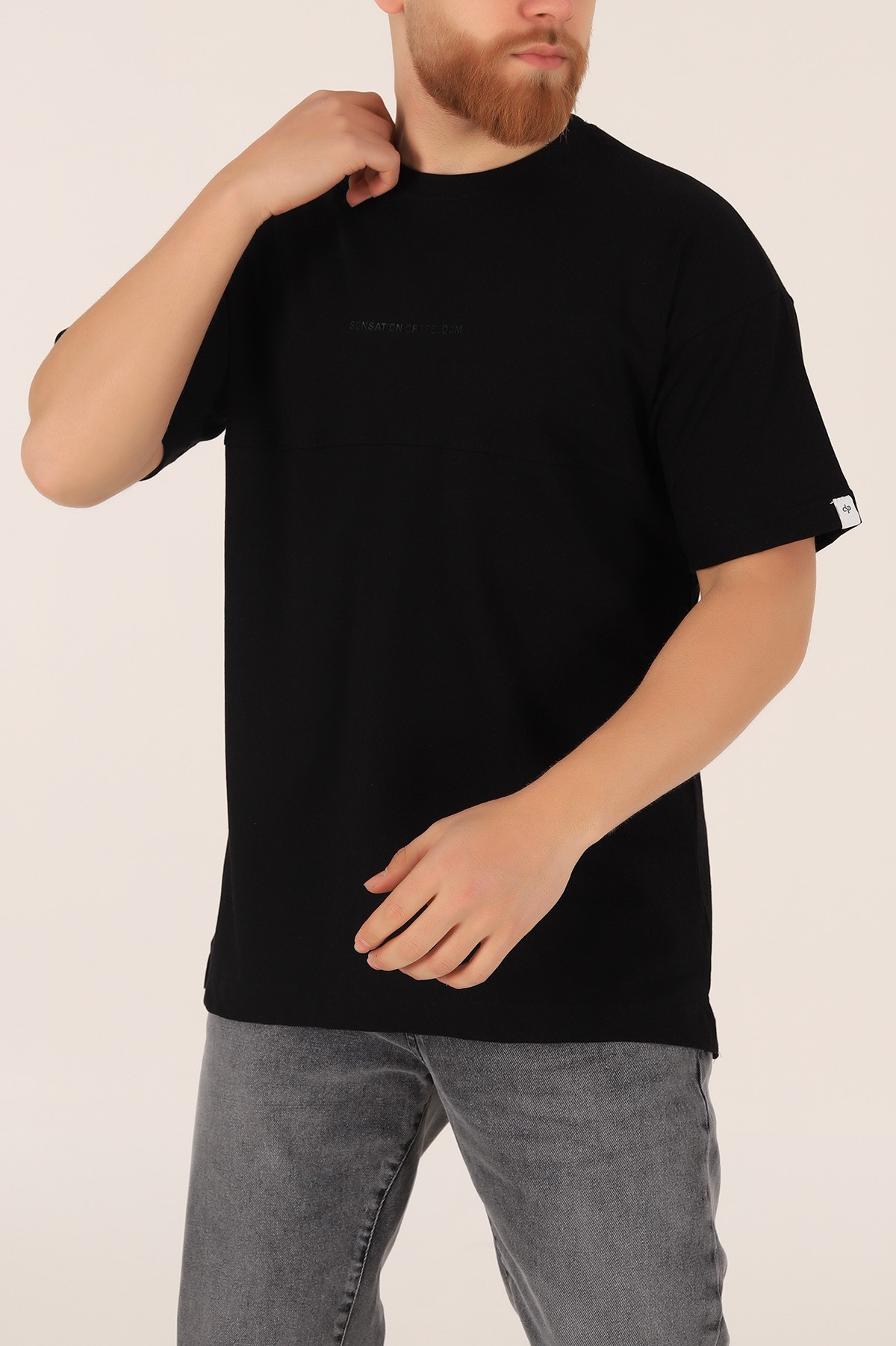 Siyah Bisiklet Yaka Yazı Detay Oversize Erkek Tişört 169714