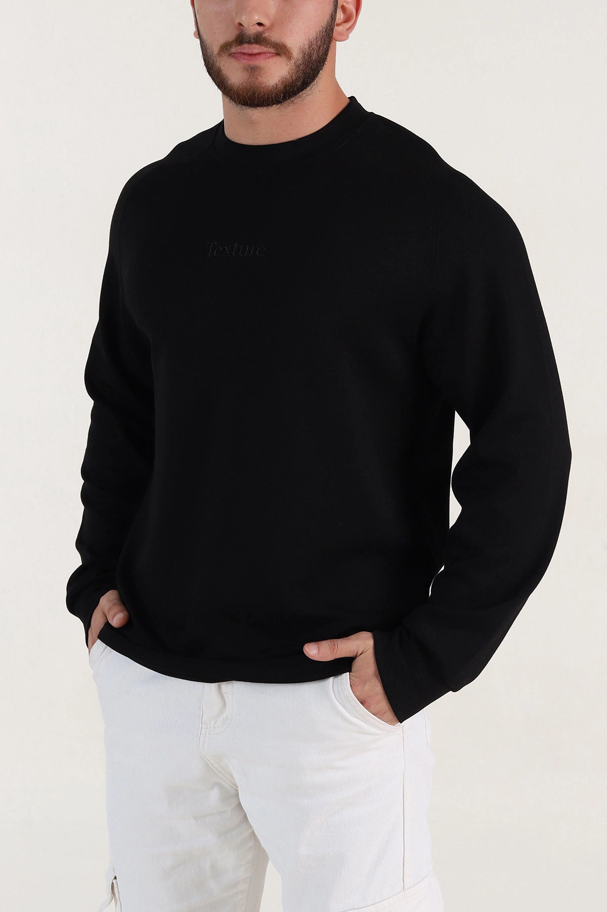 Siyah Bisiklet Yaka Yazı Detaylı Erkek Sweatshirt 396241