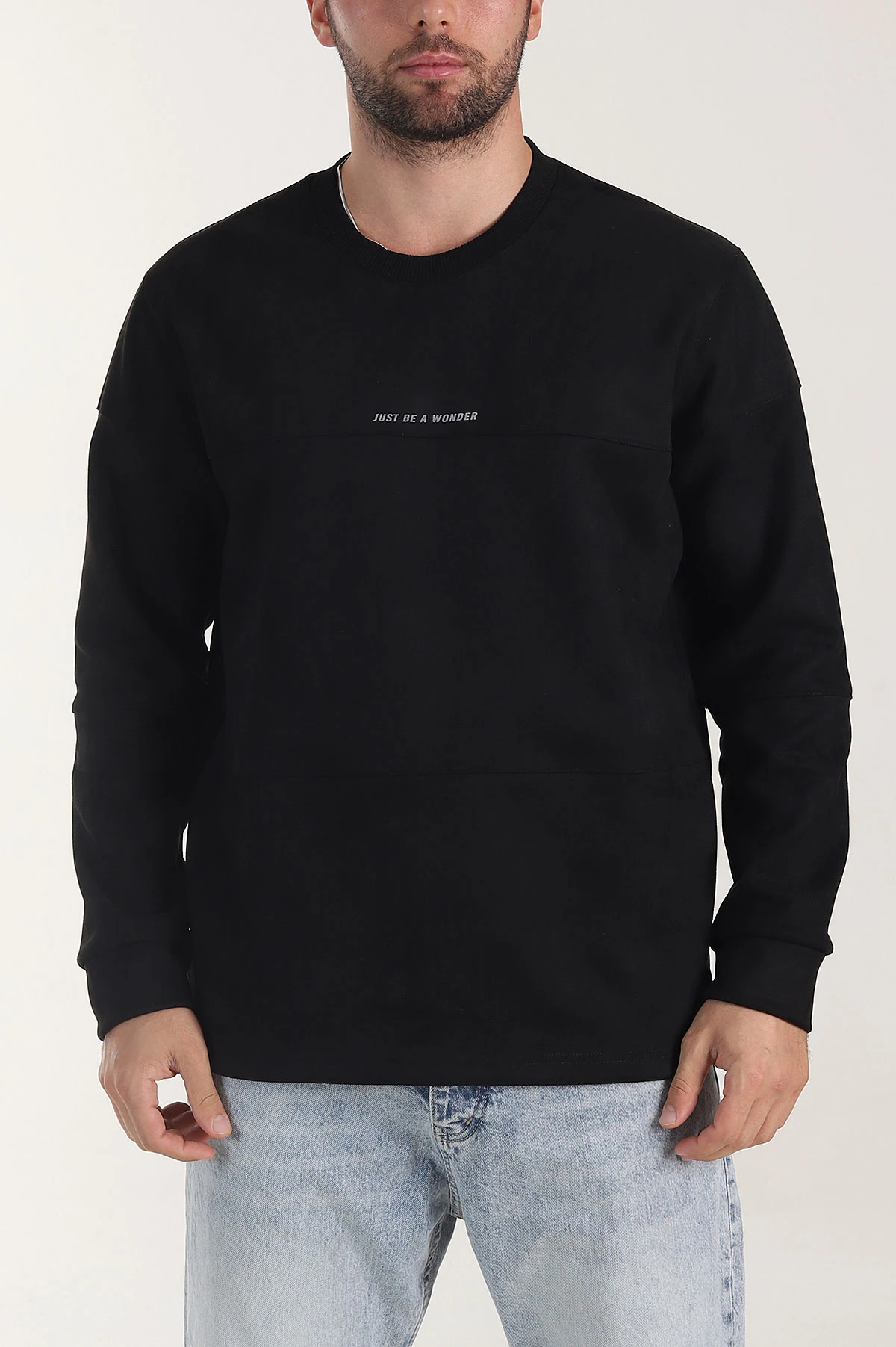 Siyah Bisiklet Yaka Yazı Detaylı Erkek Sweatshirt 404792