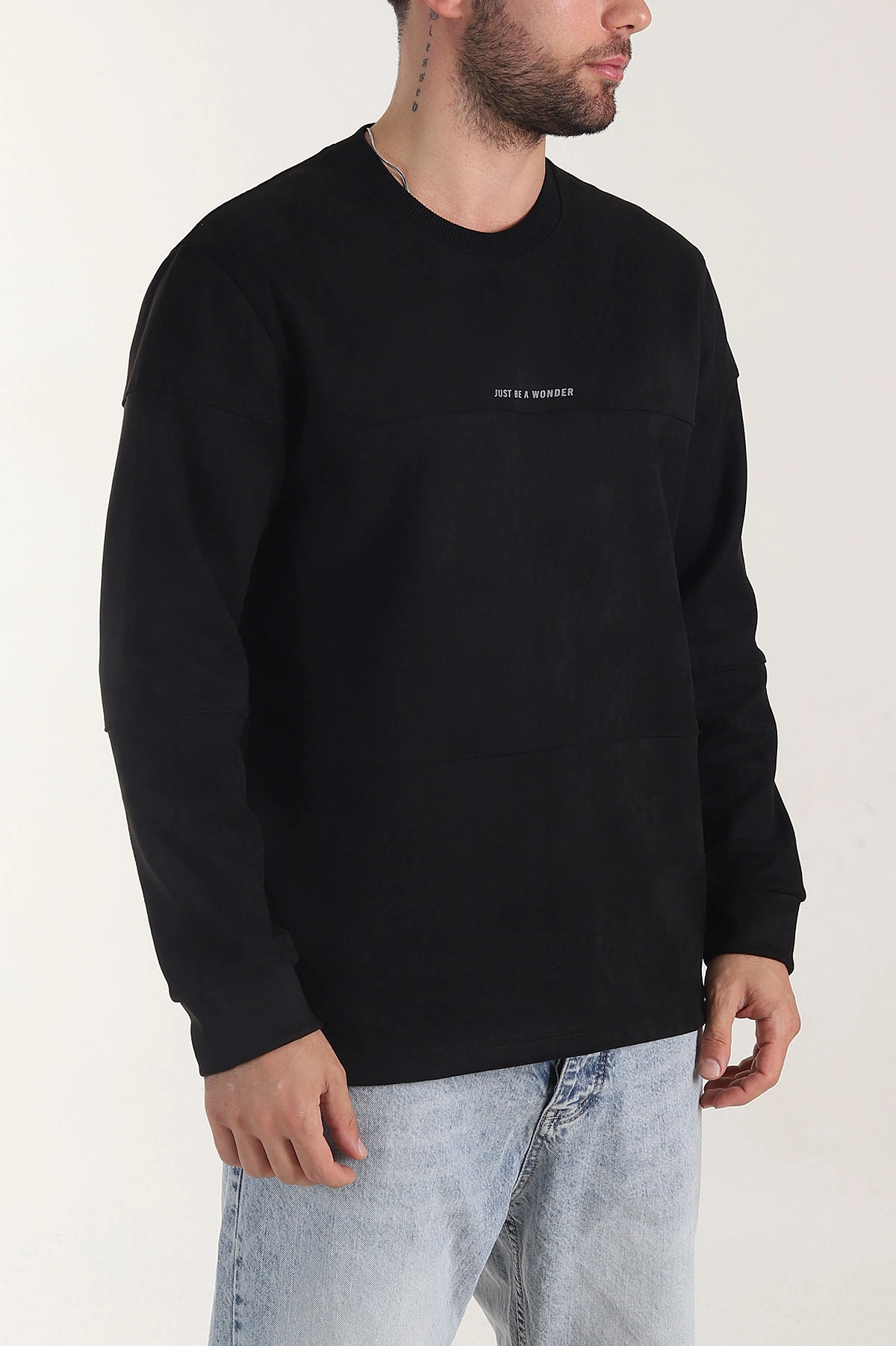 Siyah Bisiklet Yaka Yazı Detaylı Erkek Sweatshirt 404792