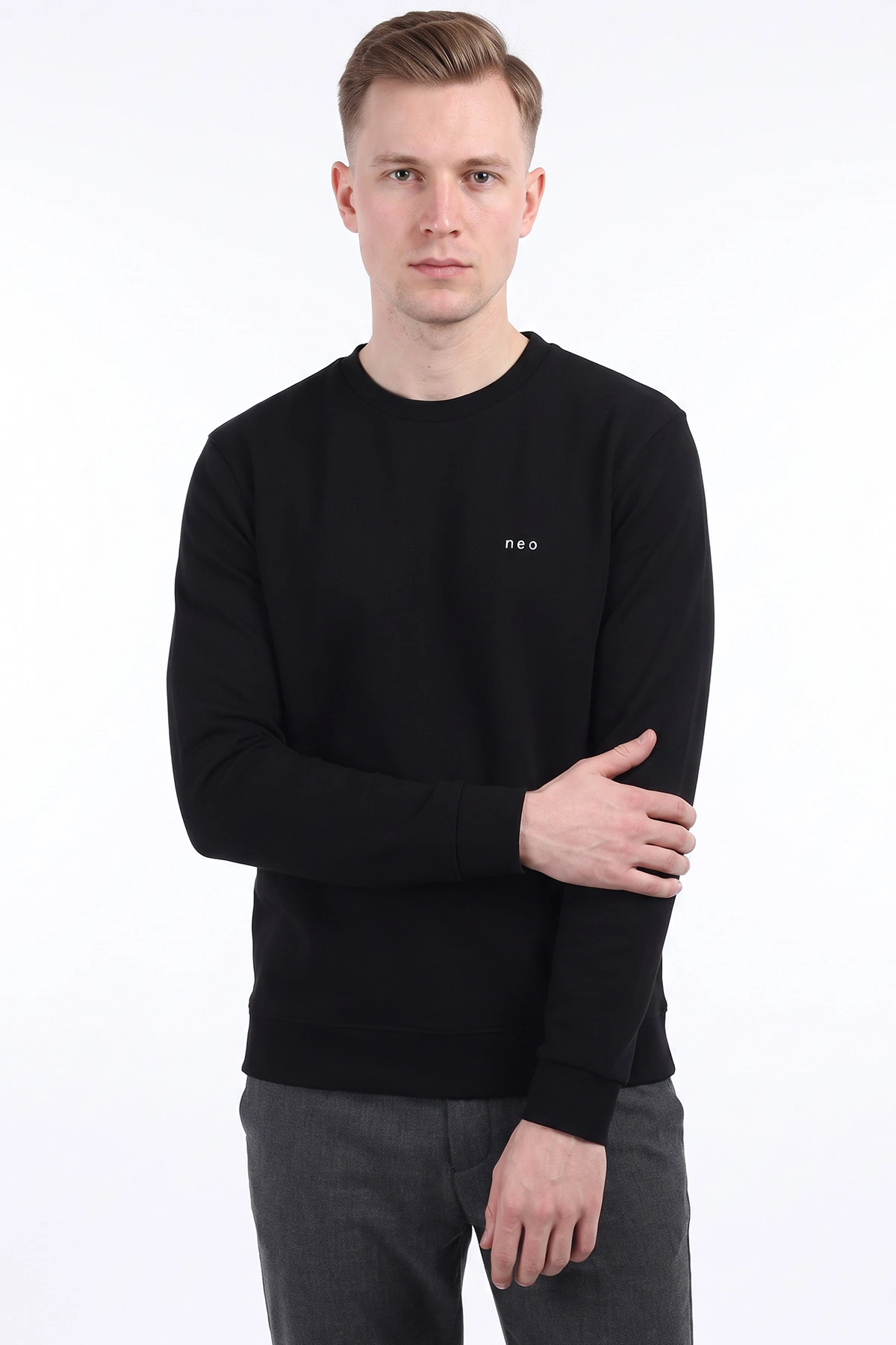 Siyah Bisiklet Yaka Yazı Detaylı Erkek Sweatshirt 492042