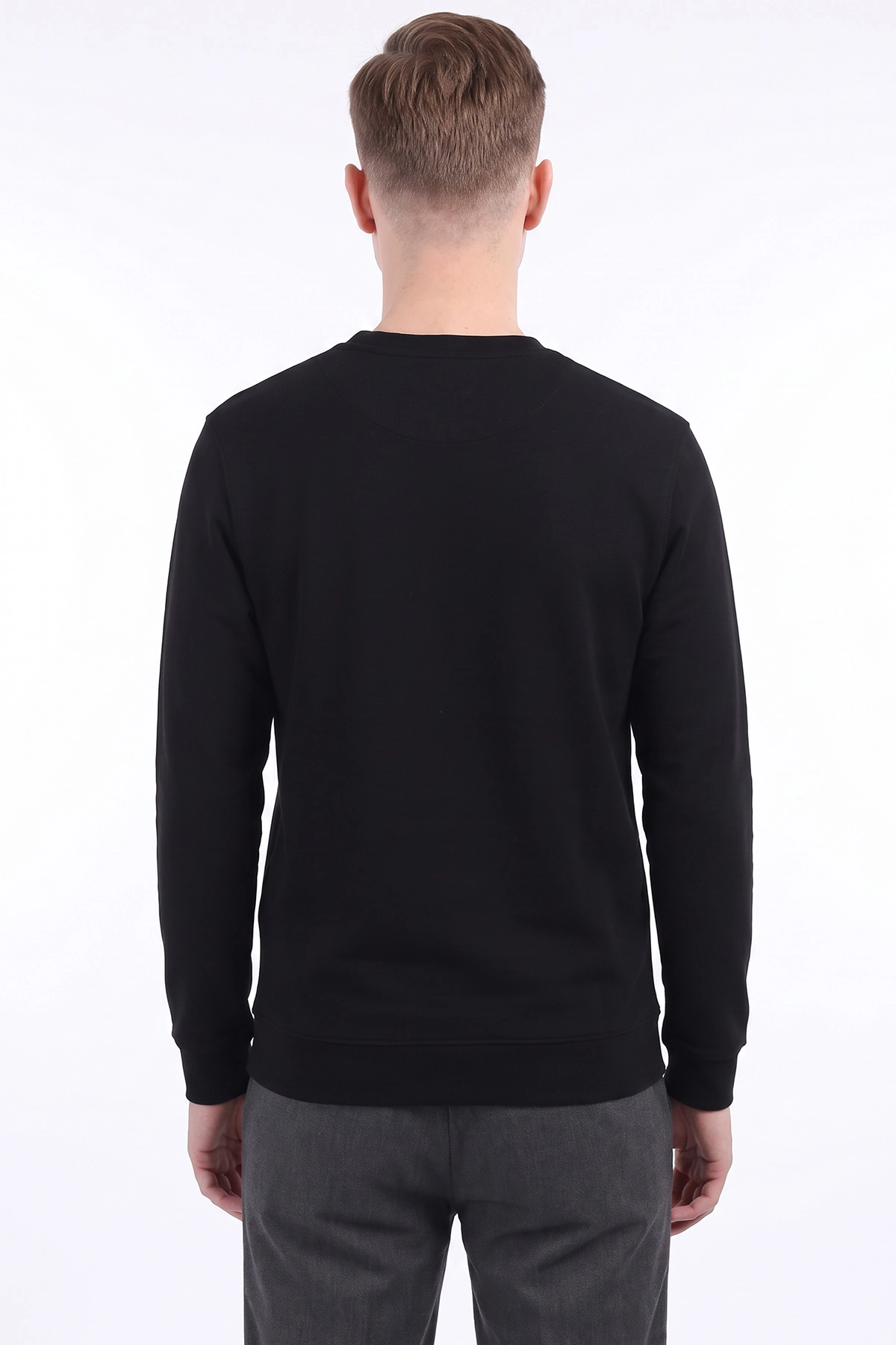 Siyah Bisiklet Yaka Yazı Detaylı Erkek Sweatshirt 492042