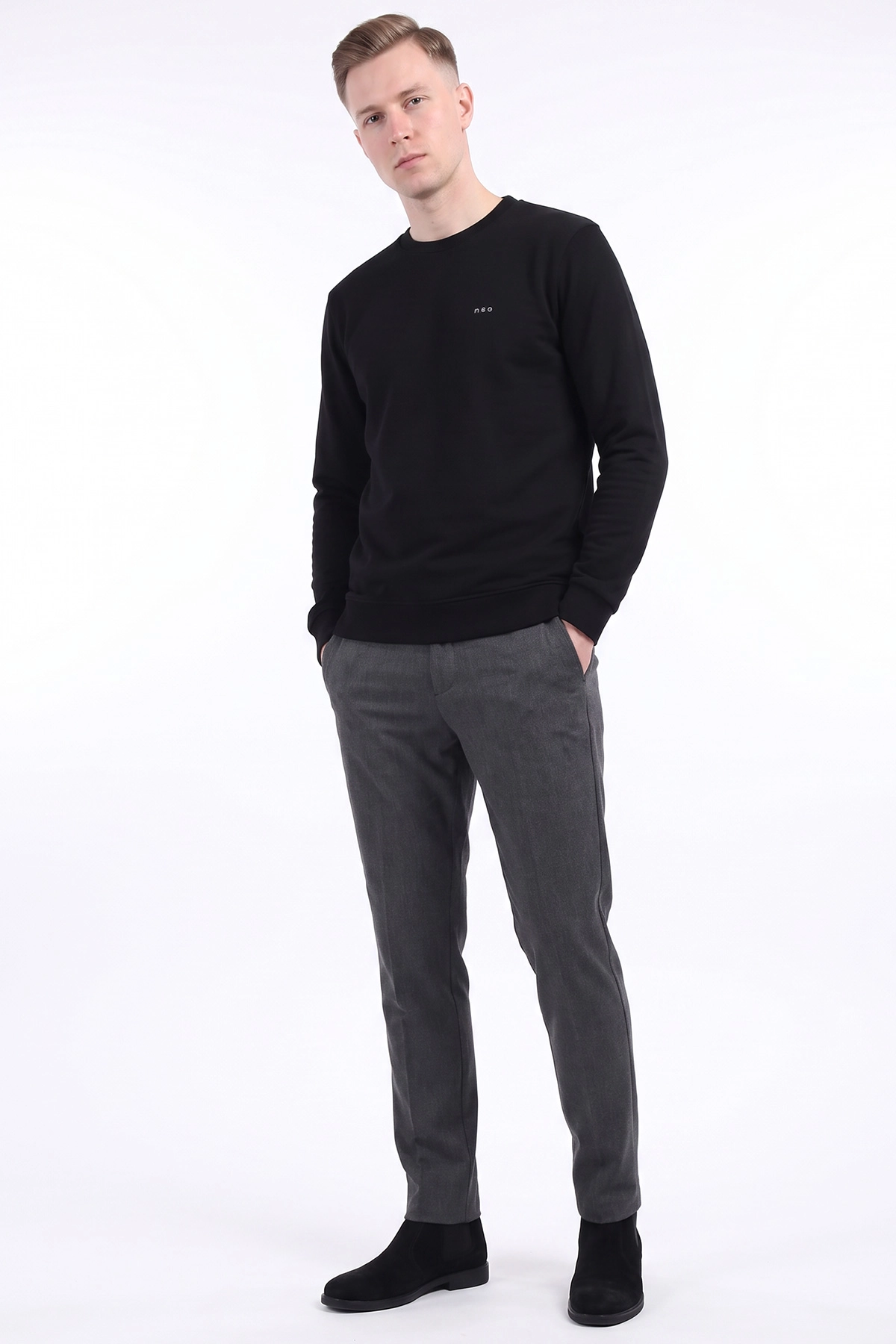 Siyah Bisiklet Yaka Yazı Detaylı Erkek Sweatshirt 492042