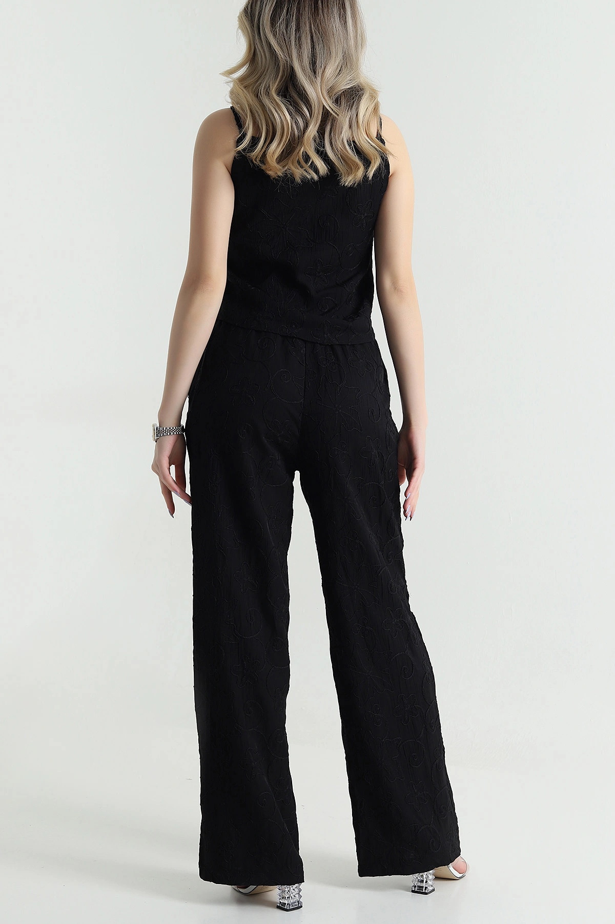 Siyah Bluz Pantolon Çilek Kumaş Nakışlı İkili Takım 474354