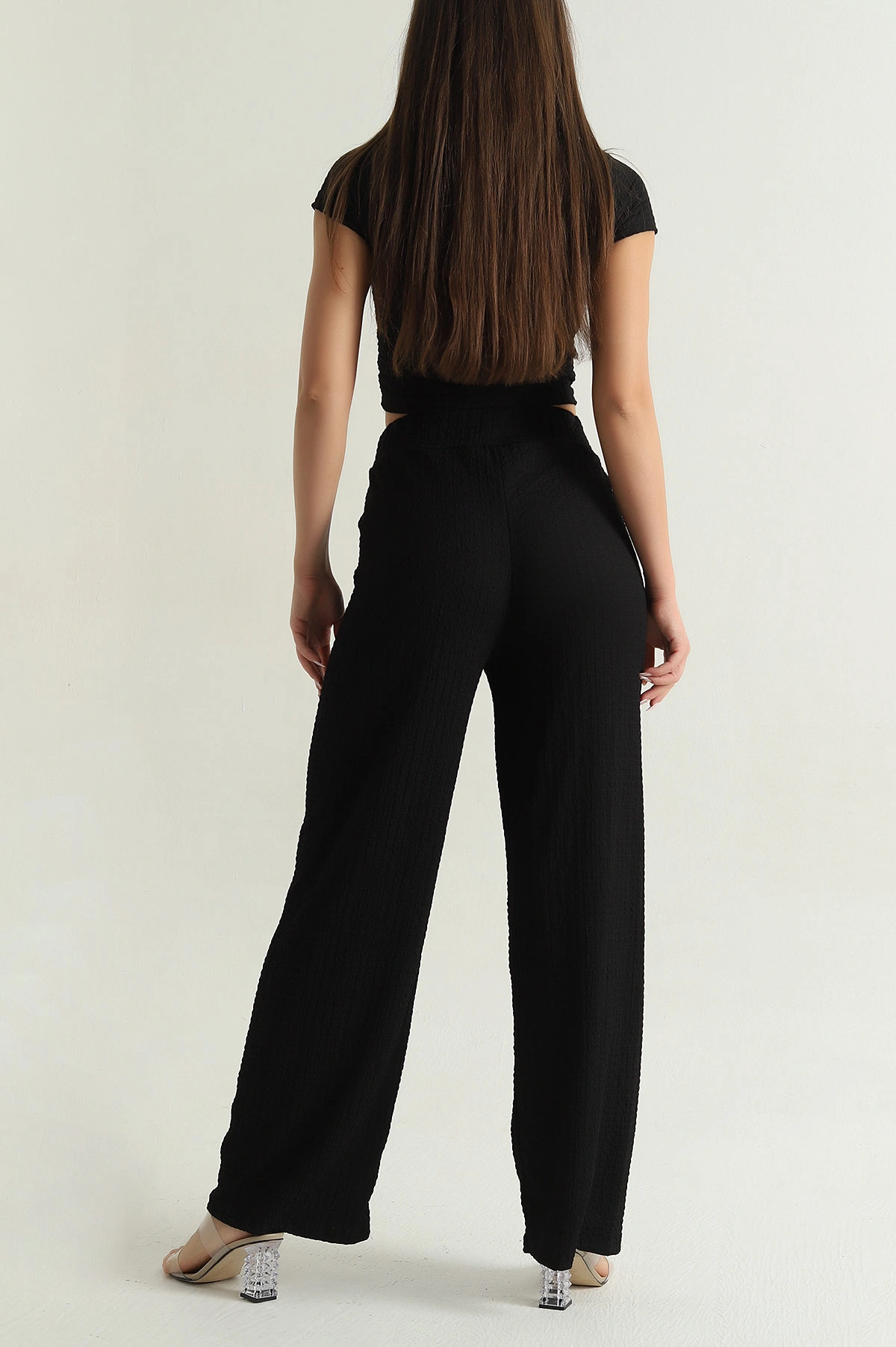 Siyah Bluz Pantolon Gofre Kadın İkili Takım 377535