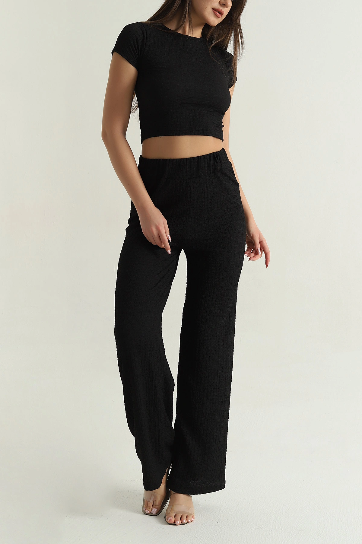 Siyah Bluz Pantolon Gofre Kadın İkili Takım 377535