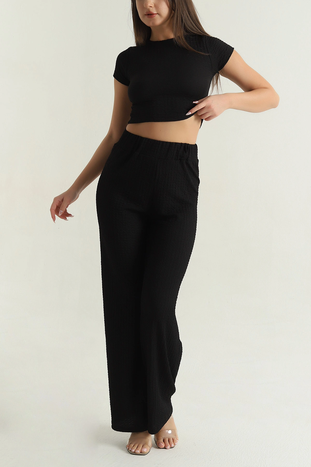 Siyah Bluz Pantolon Gofre Kadın İkili Takım 377535