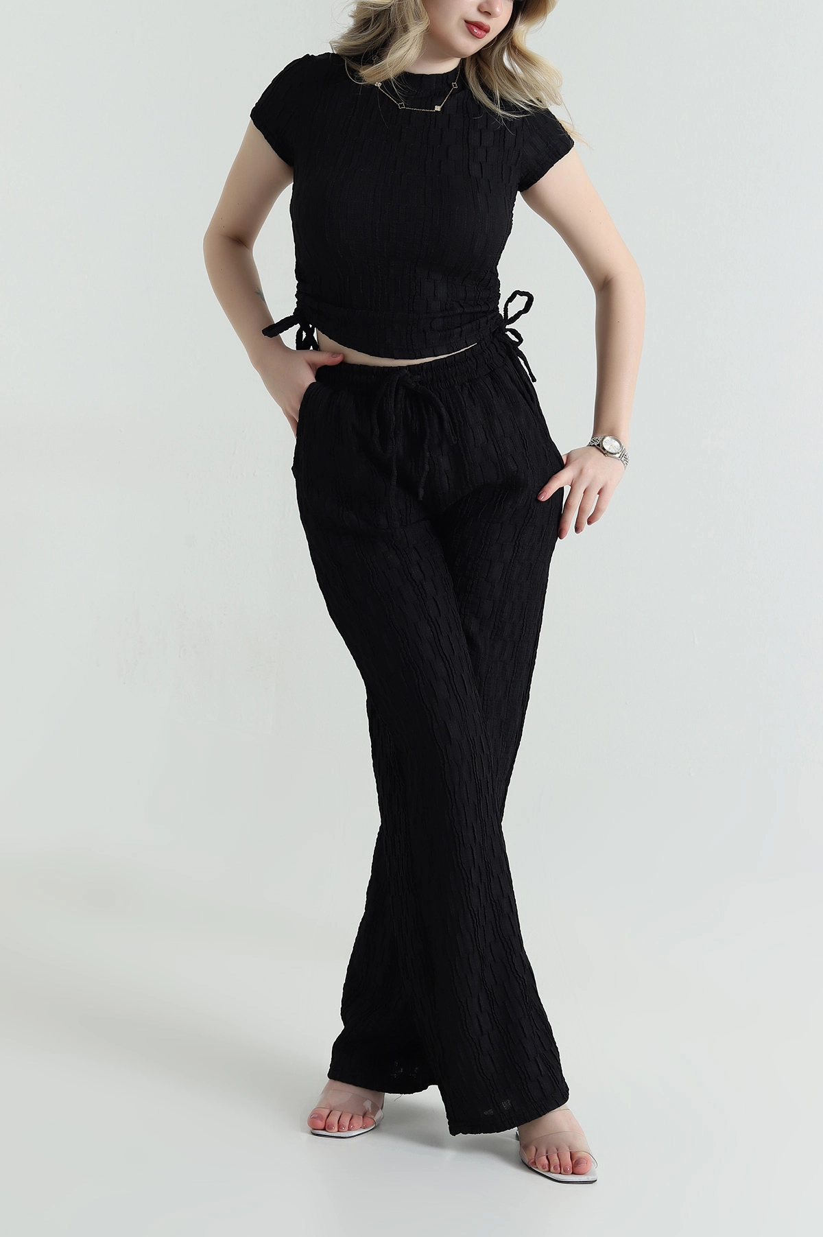 Siyah Bluz Pantolon Gofre Kadın İkili Takım 458366