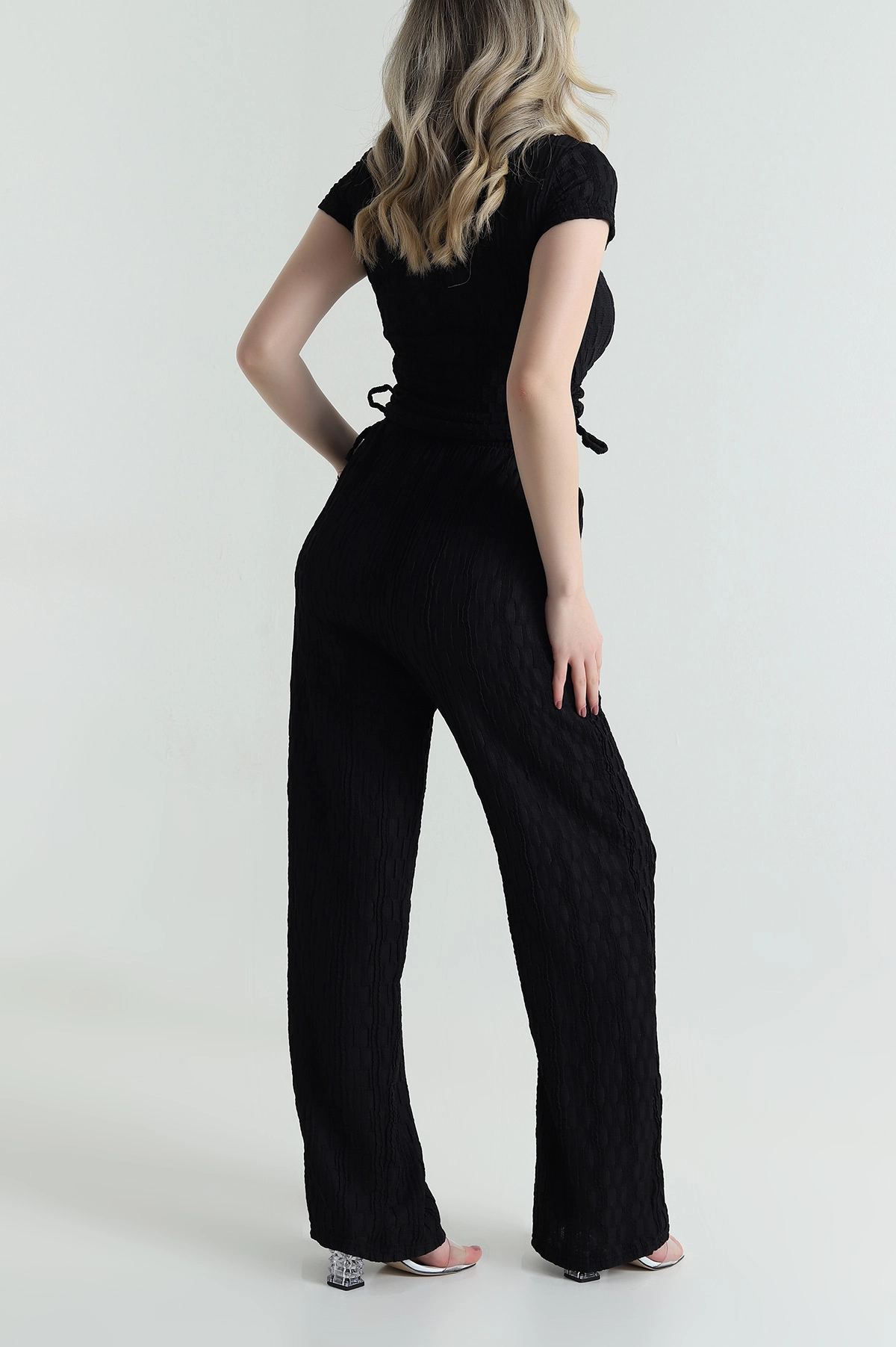 Siyah Bluz Pantolon Gofre Kadın İkili Takım 458366