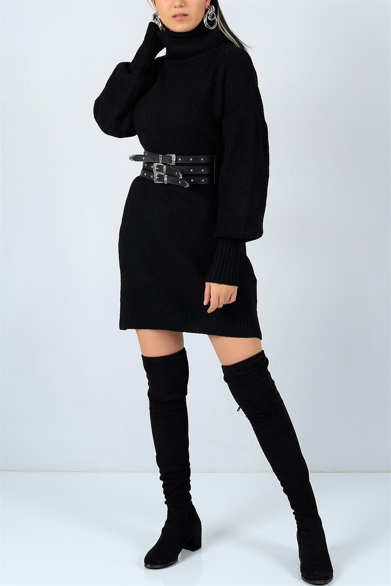 Siyah Boğazlı Triko Elbise 22921B