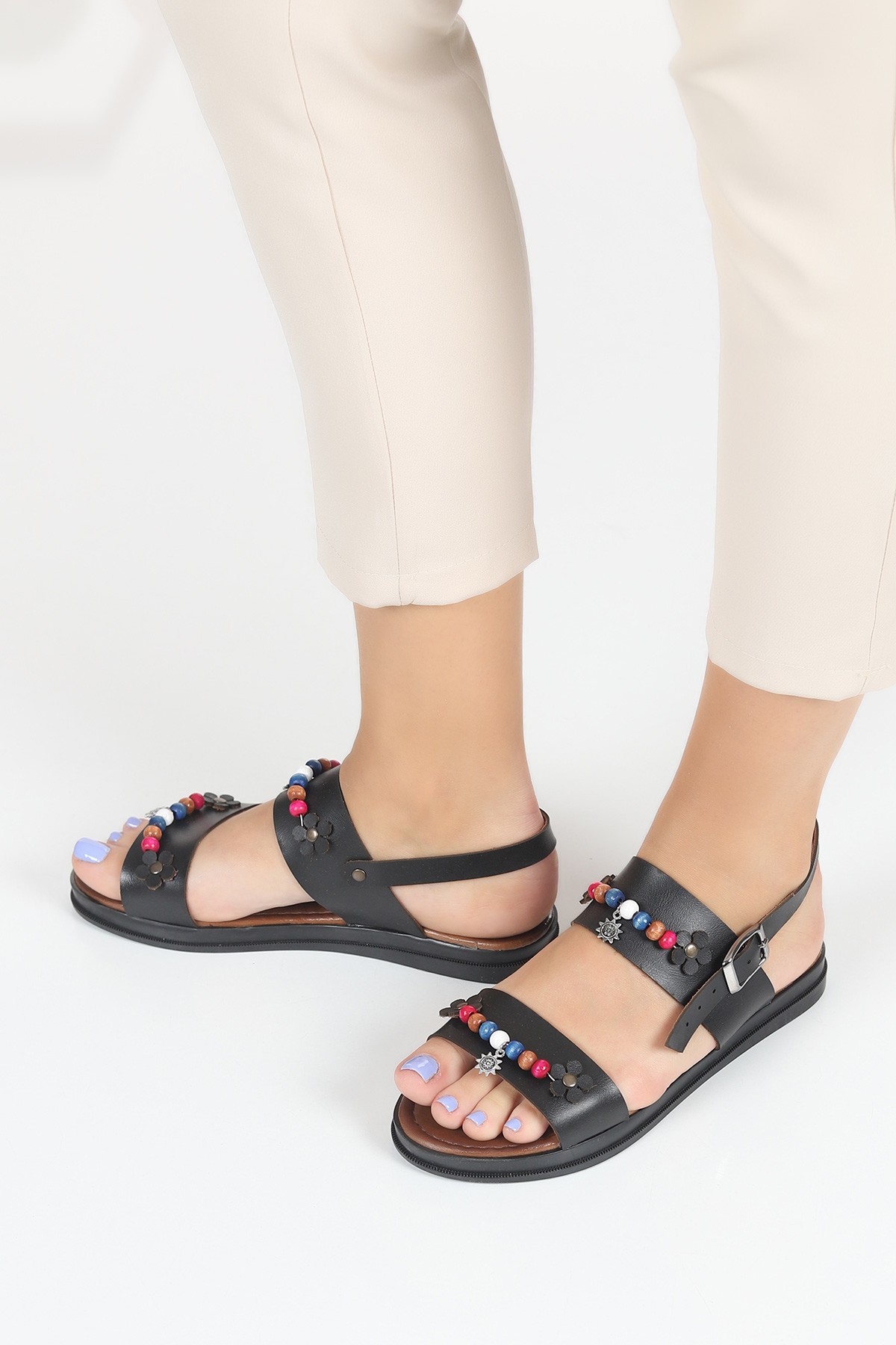 Siyah Boncuk Tasarım Kadın Sandalet 115397