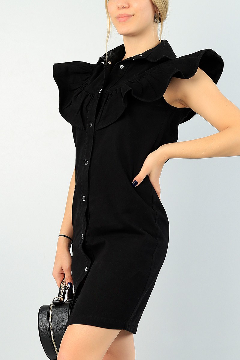 Siyah Boydan Çıtçıt Düğmeli Gabardin Elbise 64371