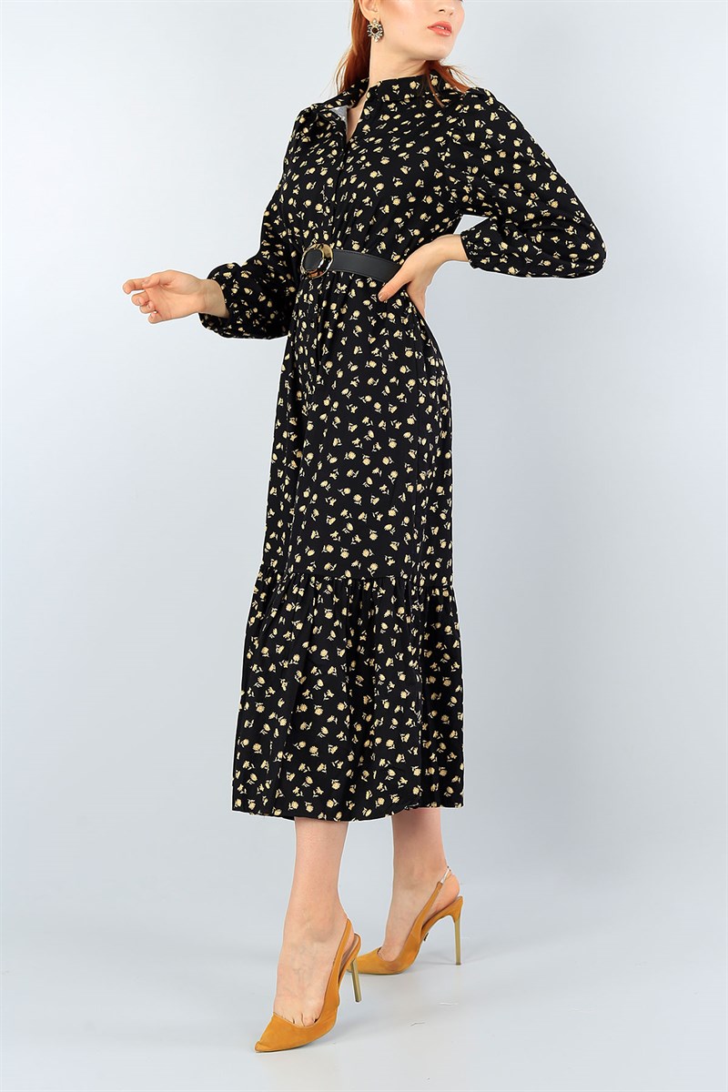 Siyah Boydan Düğmeli Desenli Elbise 40462
