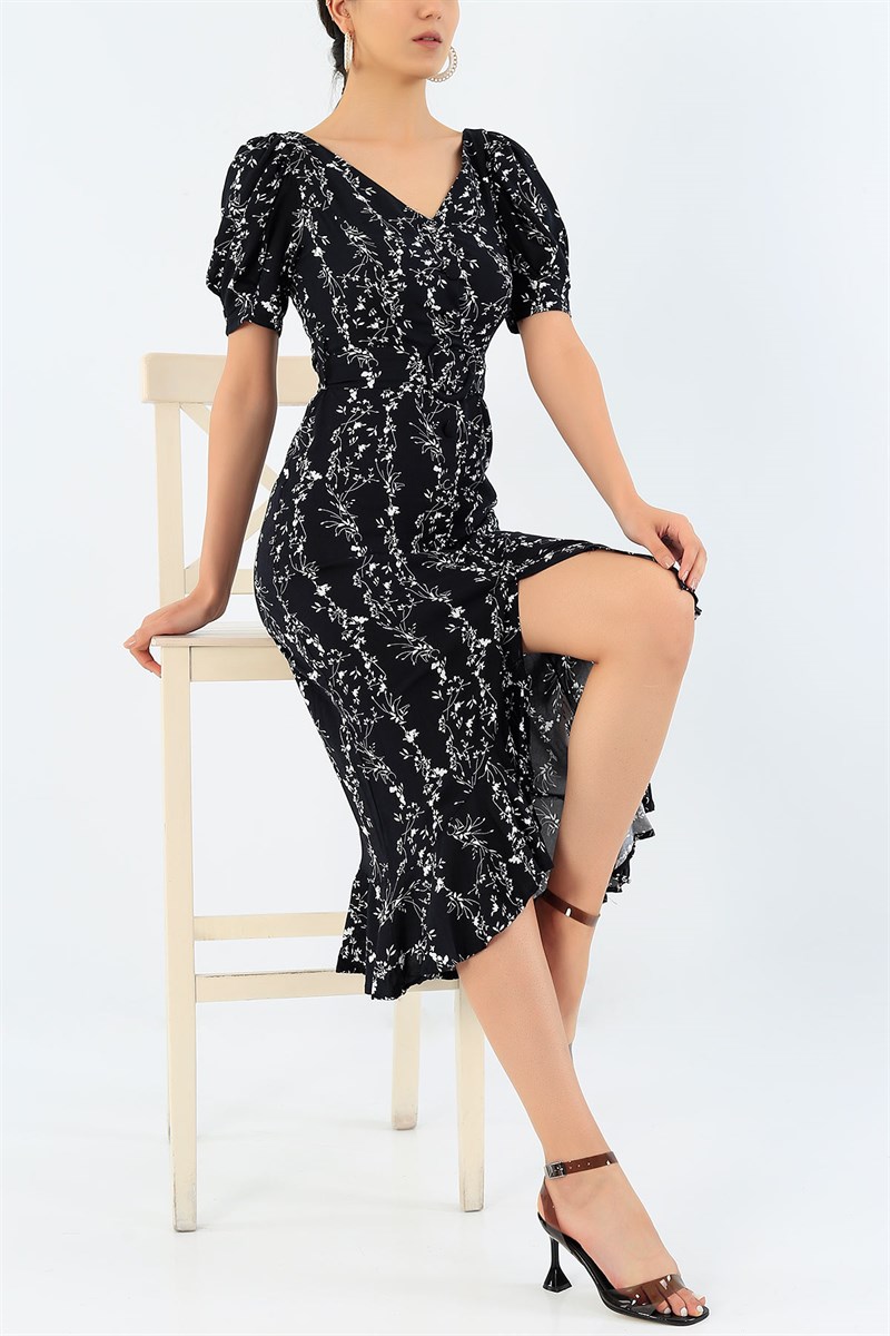 Siyah Boydan Düğmeli Eteği Fırfırlı Elbise 36009