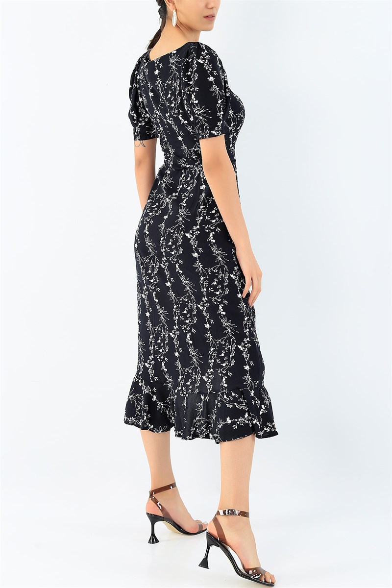 Siyah Boydan Düğmeli Eteği Fırfırlı Elbise 36009
