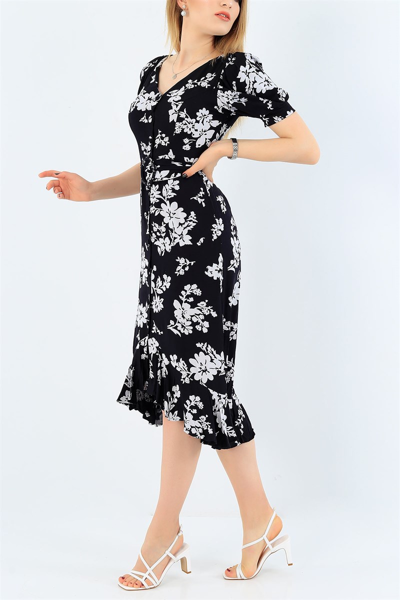 Siyah Boydan Düğmeli Eteği Fırfırlı Elbise 36008
