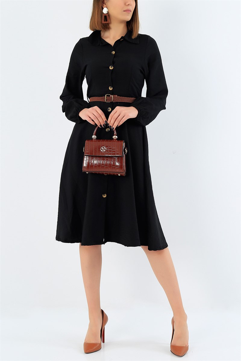 Siyah Boydan Düğmeli Kemerli Elbise 30311B
