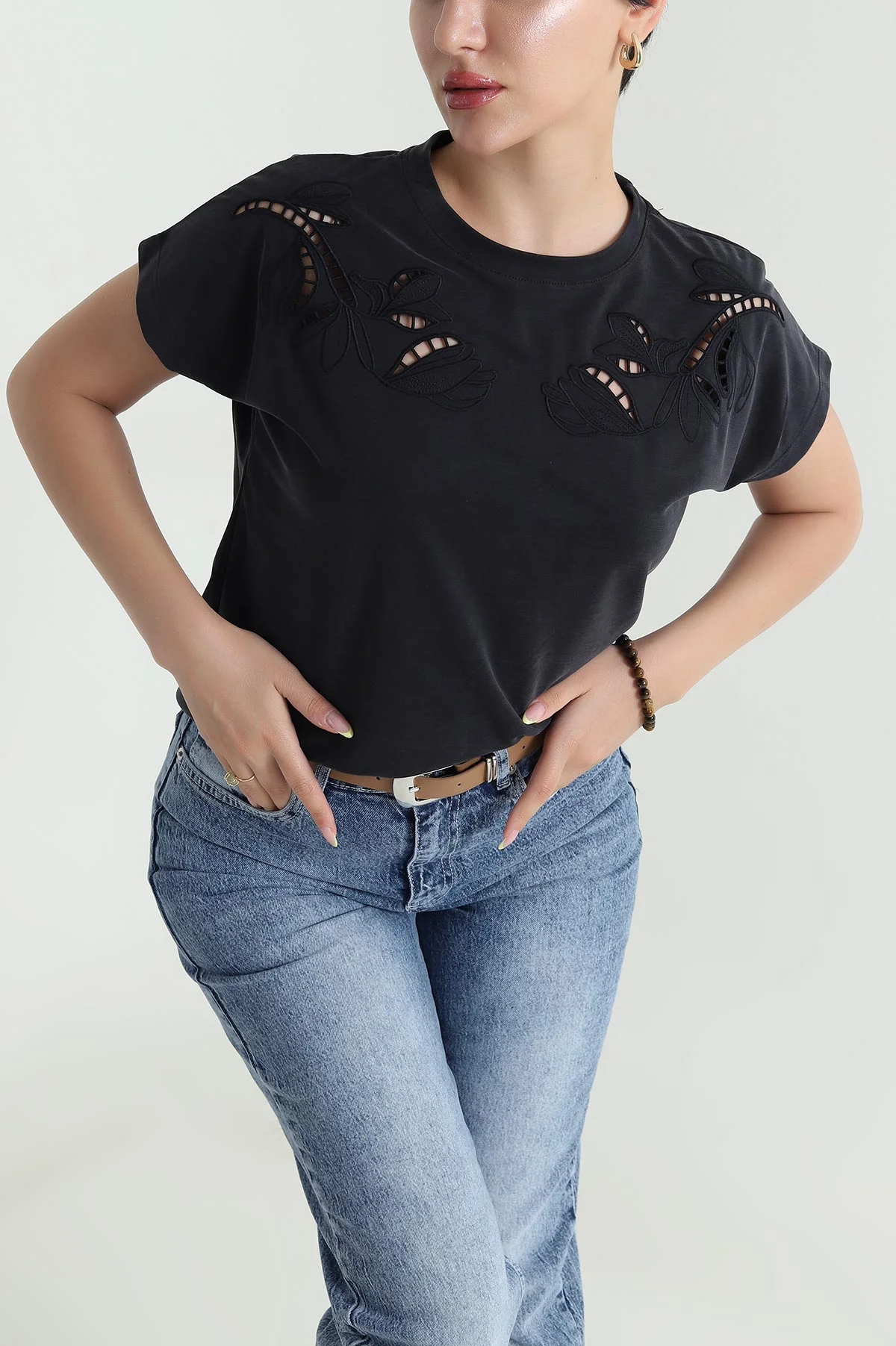 Siyah Brode Nakışlı Pike Oysho Kadın Bluz 467058