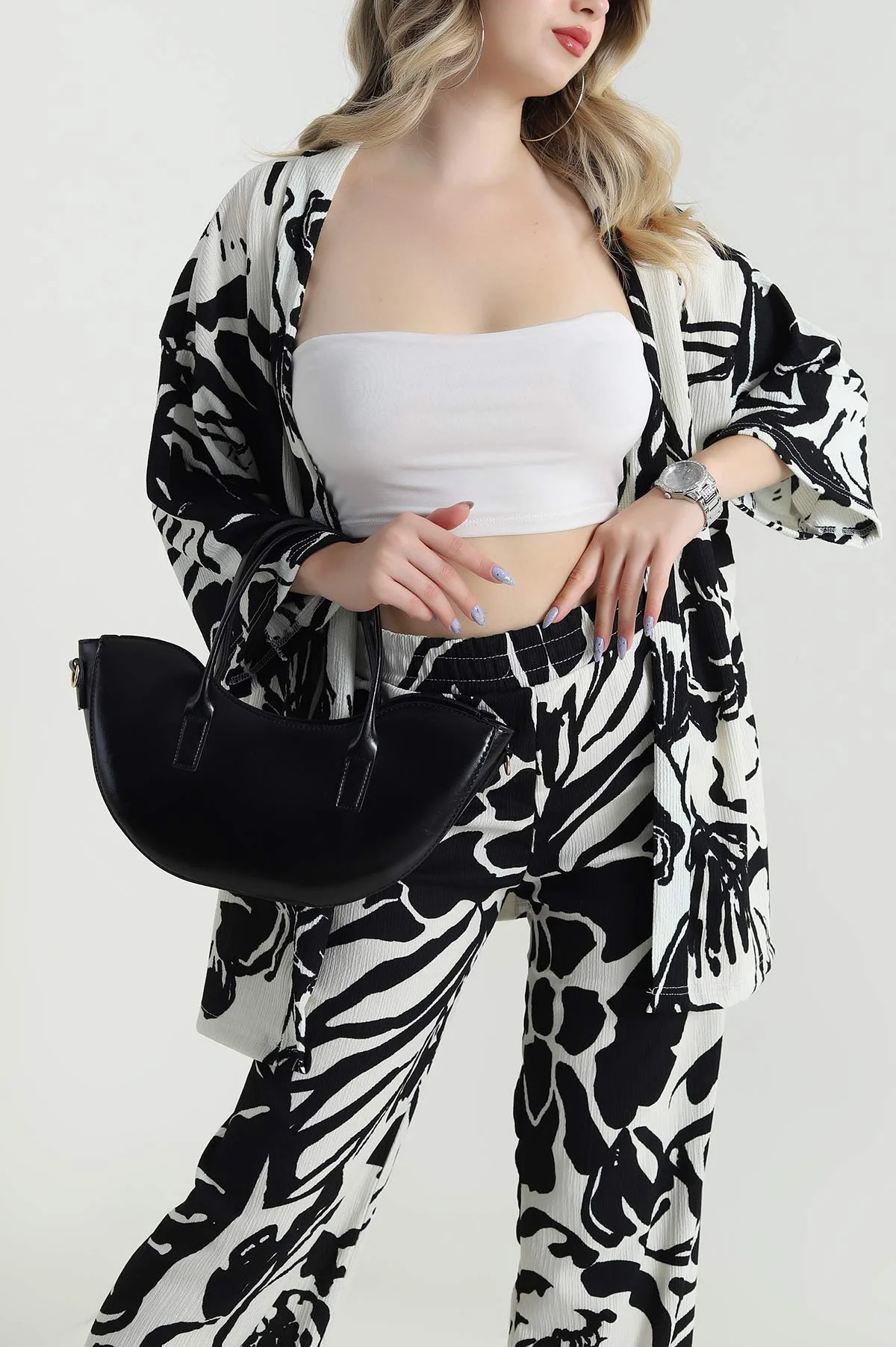 Siyah Bürümcük Kimono Kadın İkili Takım 475211
