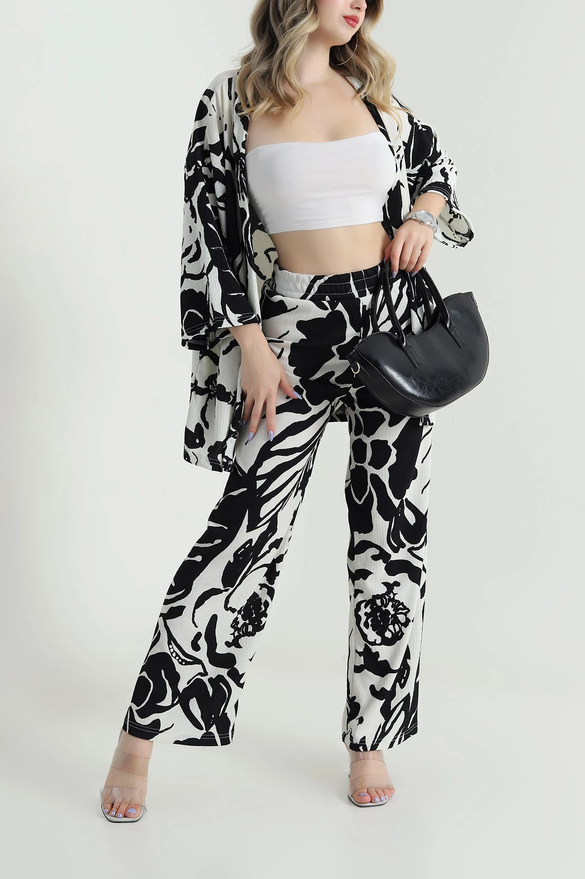 Siyah Bürümcük Kimono Kadın İkili Takım 475211