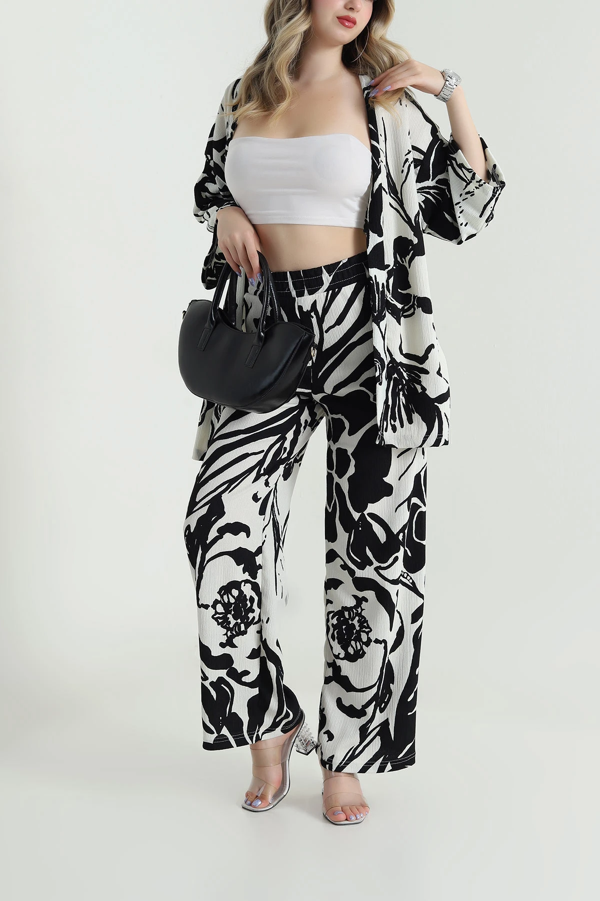 Siyah Bürümcük Kimono Kadın İkili Takım 475211