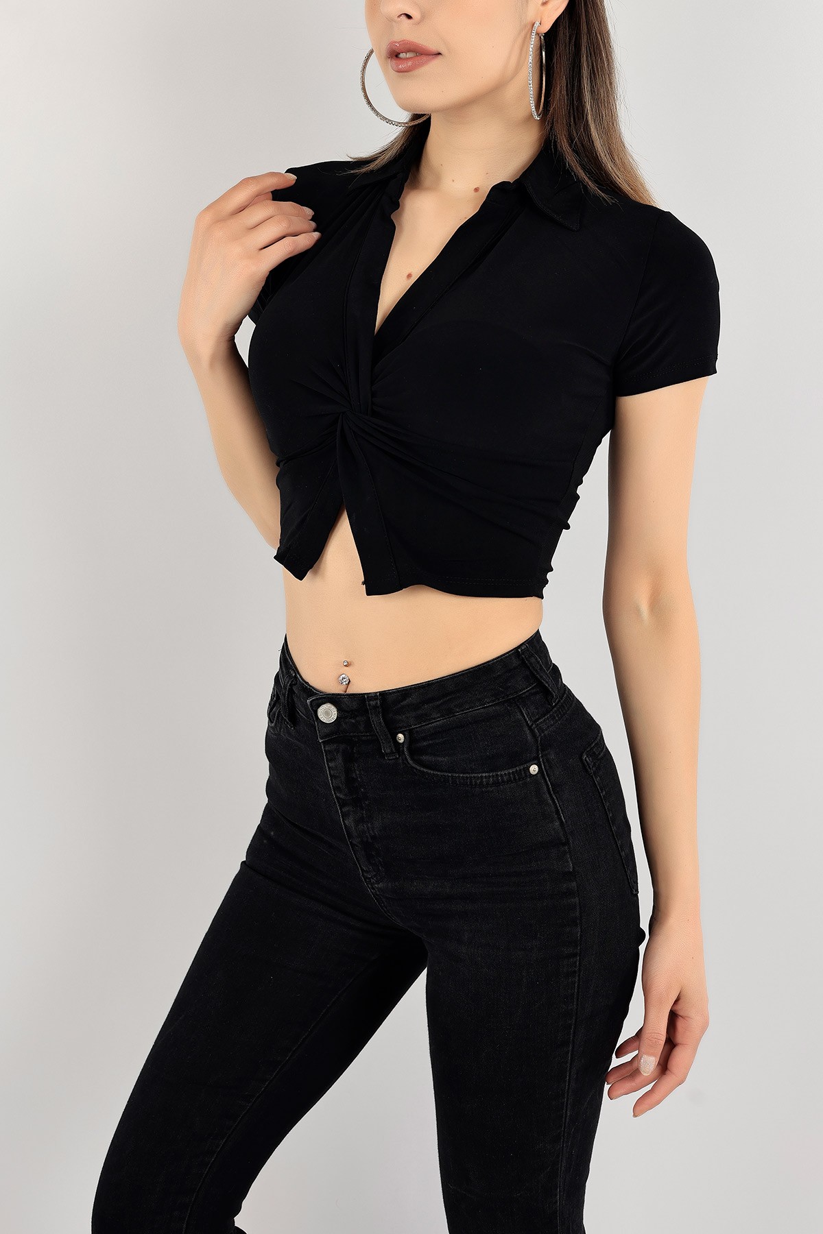 Siyah Büzgü Tasarım Sendy Crop Bluz 117350