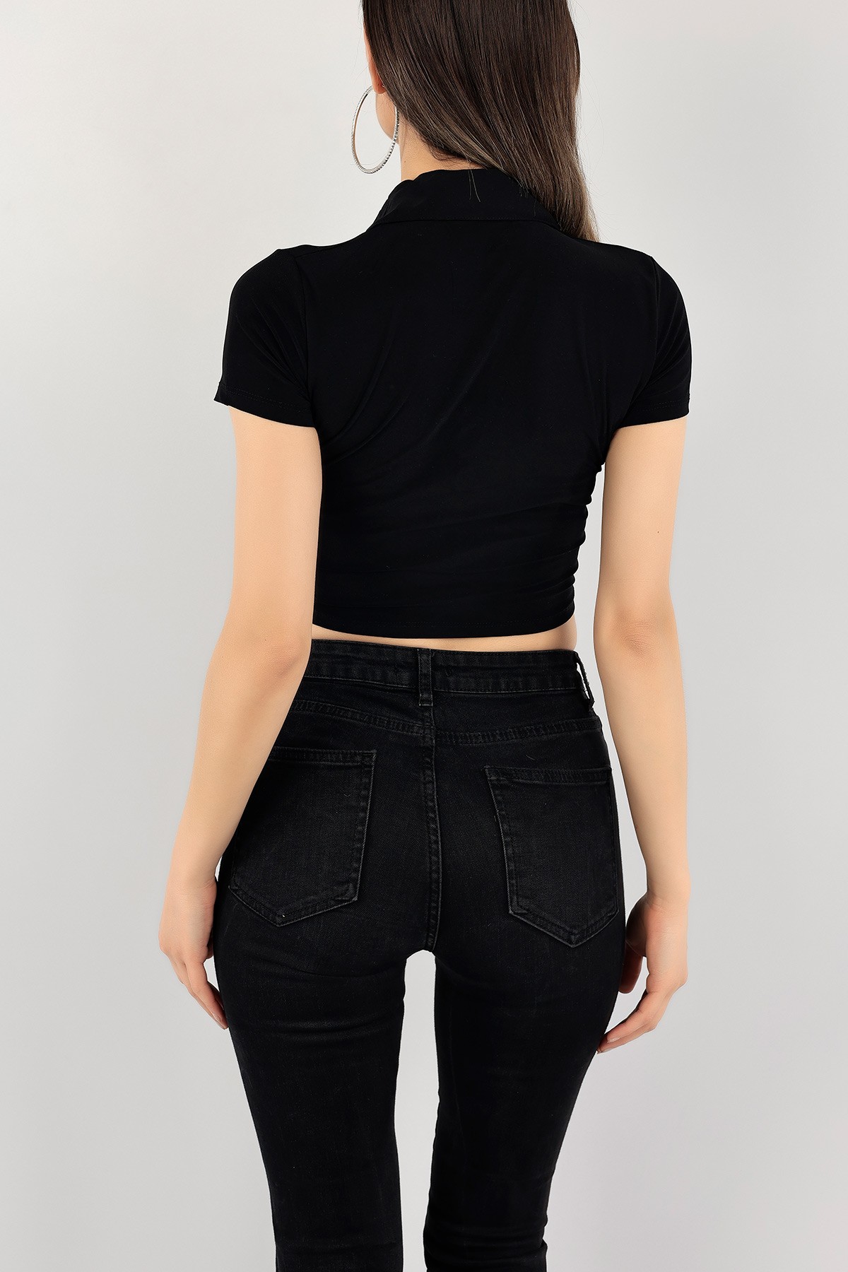 Siyah Büzgü Tasarım Sendy Crop Bluz 117350