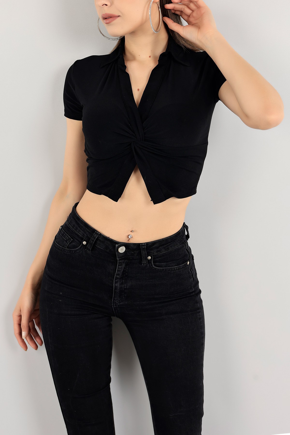 Siyah Büzgü Tasarım Sendy Crop Bluz 117350