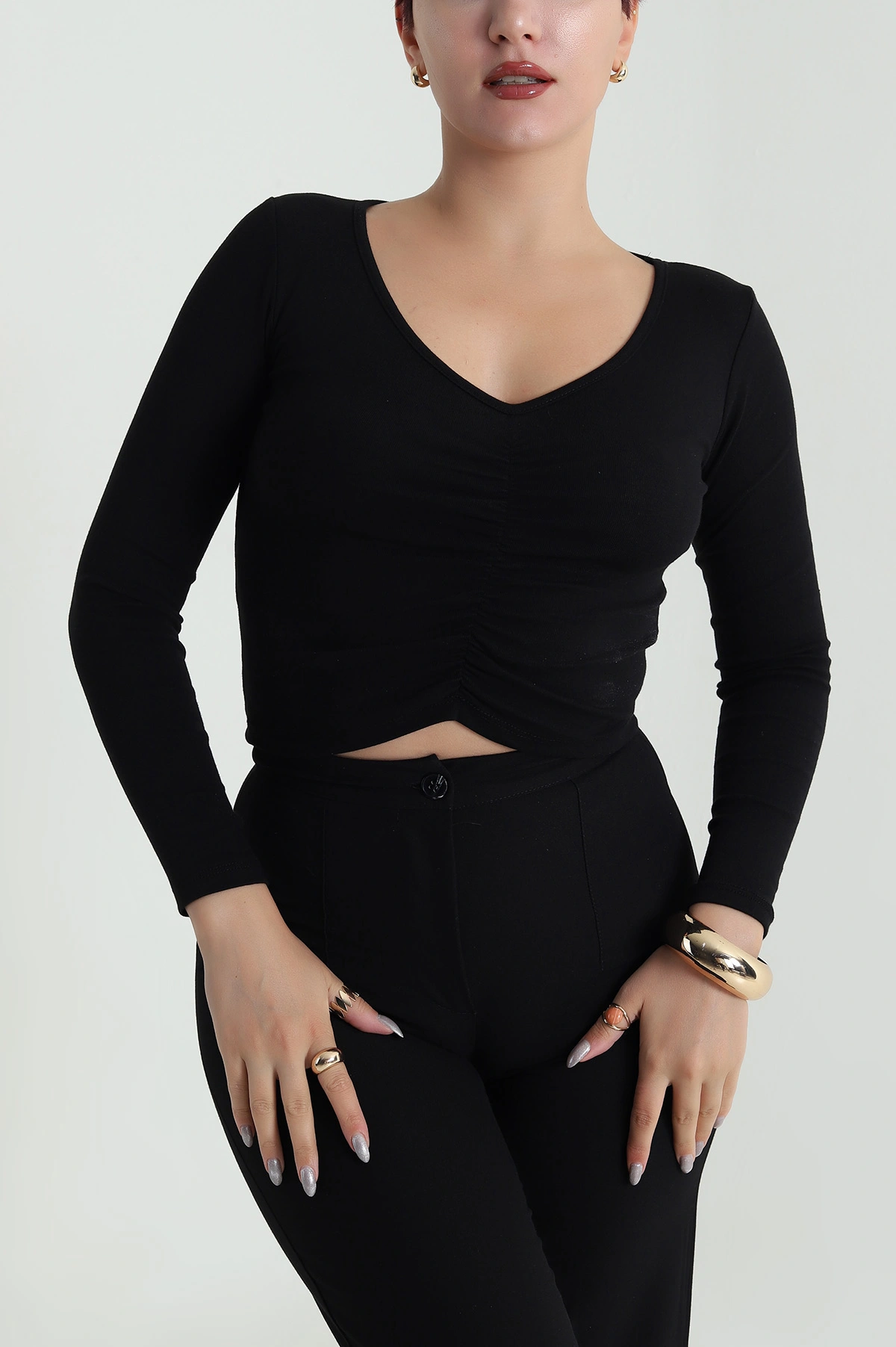 Siyah Büzgülü Kadın Body Bluz 483089