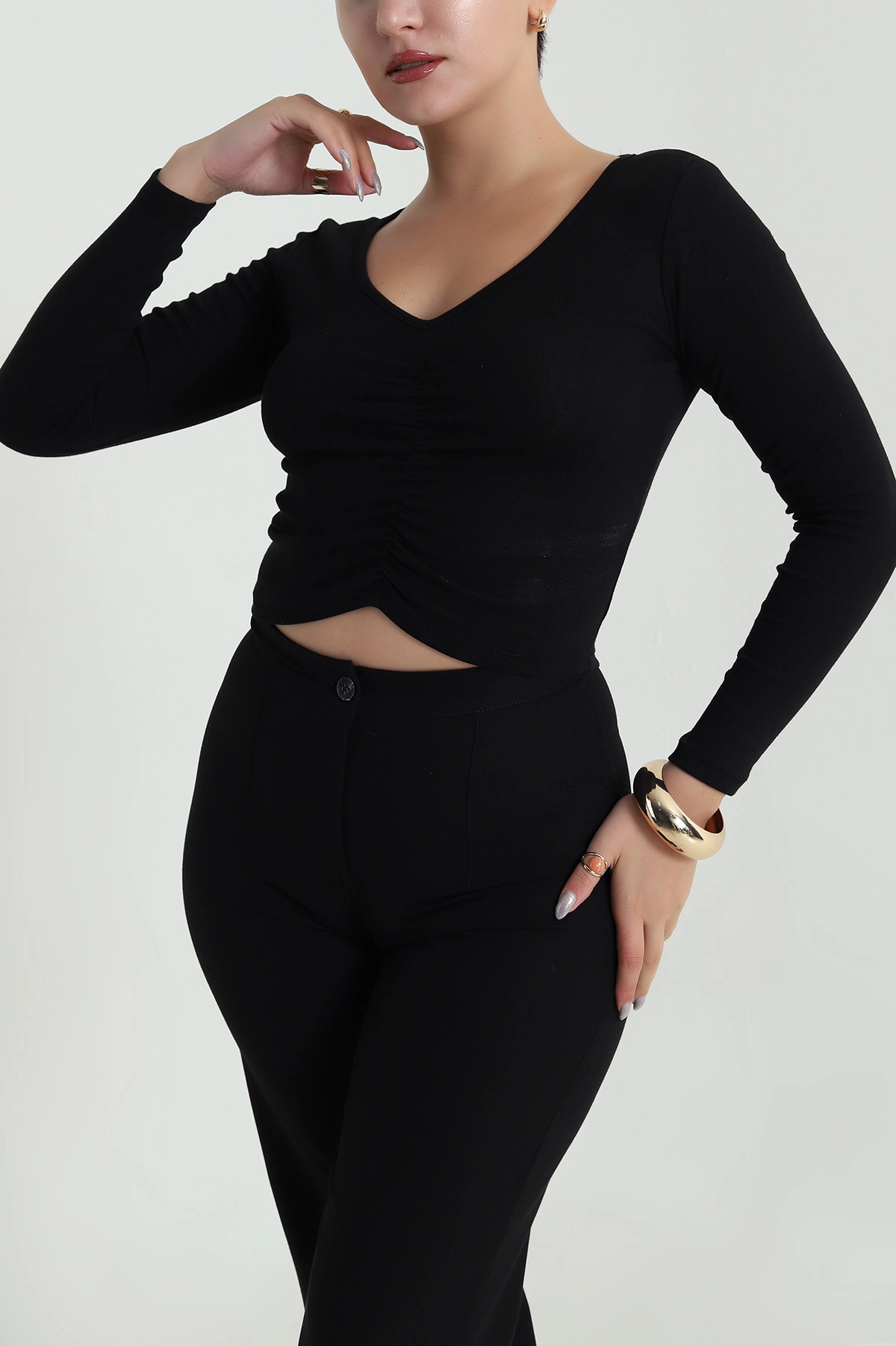 Siyah Büzgülü Kadın Body Bluz 483089