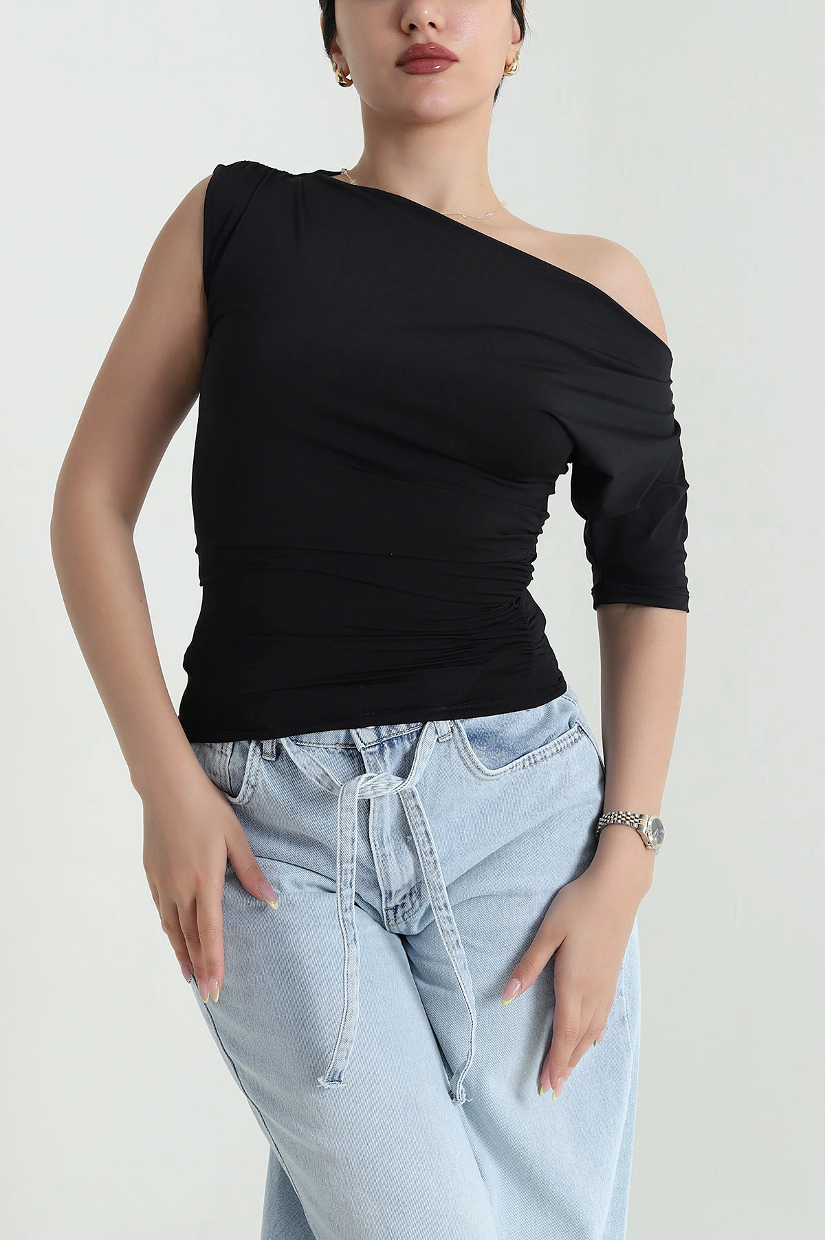 Siyah Büzgülü Kadın Sandy Bluz 467175