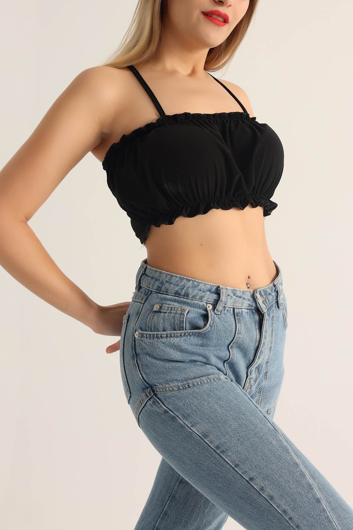 Siyah Büzgülü Sendy Kumaş Crop 174169