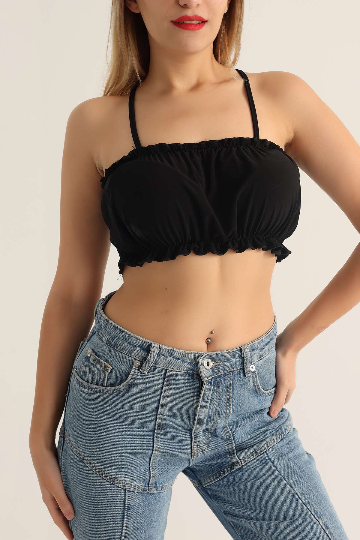 Siyah Büzgülü Sendy Kumaş Crop 174169