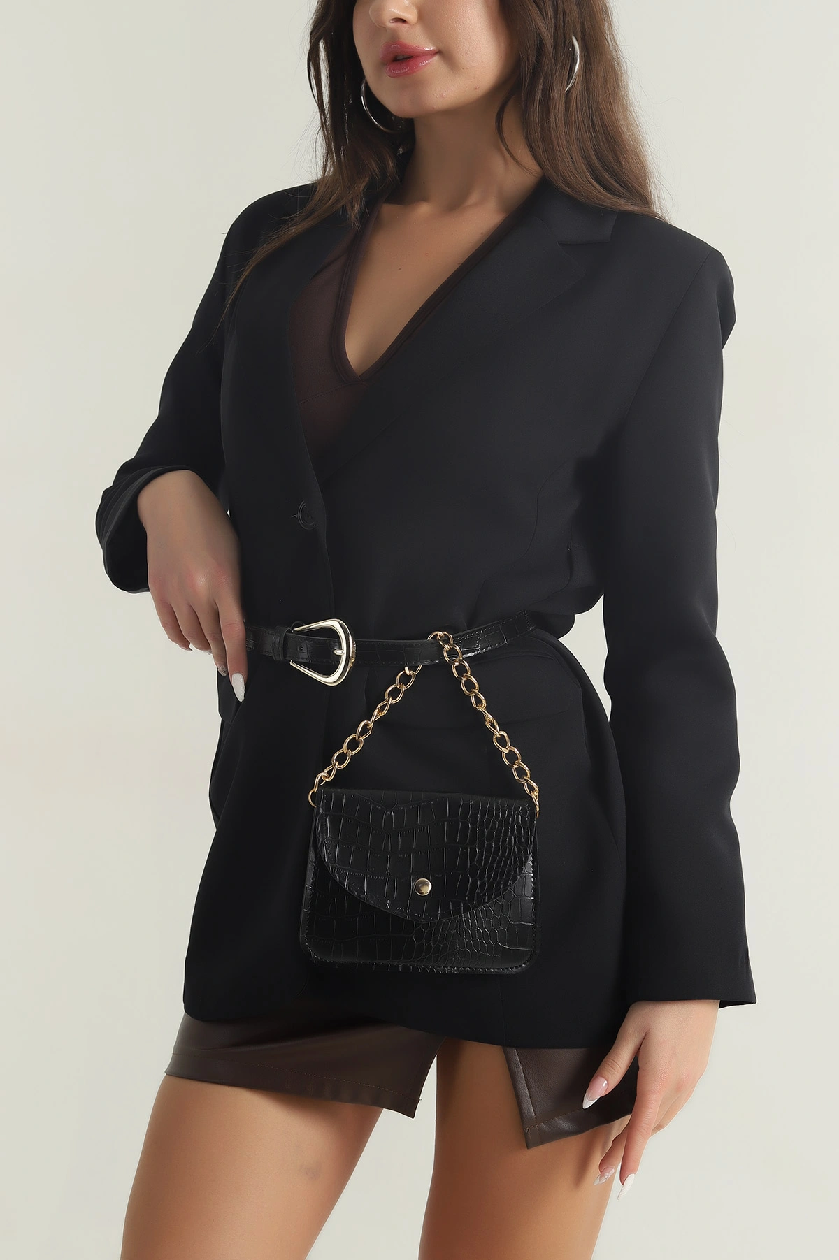 Siyah Çantalı Kemerli Kadın Blazer Atlas Ceket 401162