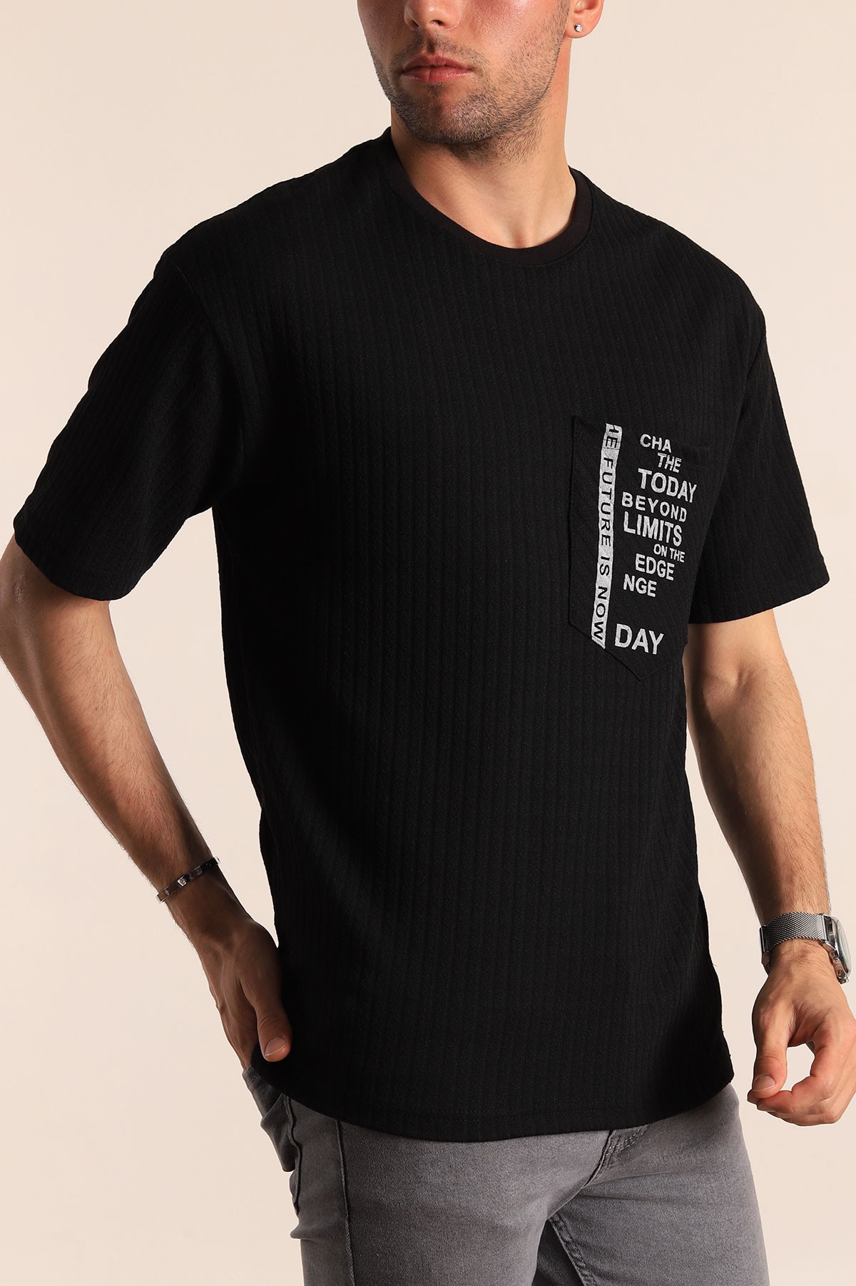 Siyah Cep Baskılı Dokulu Oversize Erkek Tişört 177503
