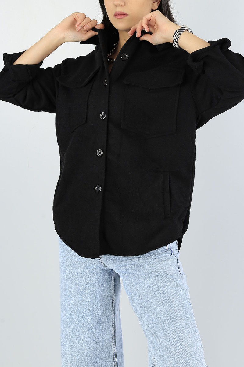 Siyah Cep Detay Kaşe Bayan Gömlek Ceket 53299