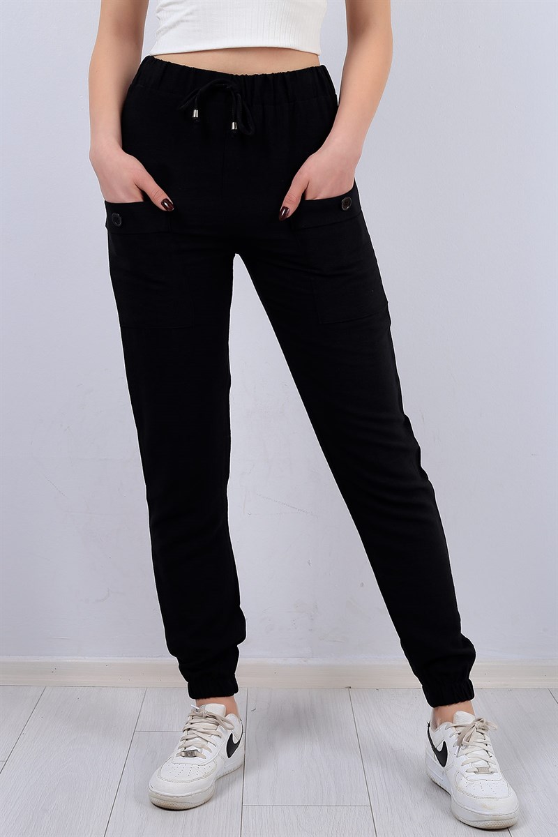 Siyah Cep Detaylı Bayan Kumaş Pantolon 13108B