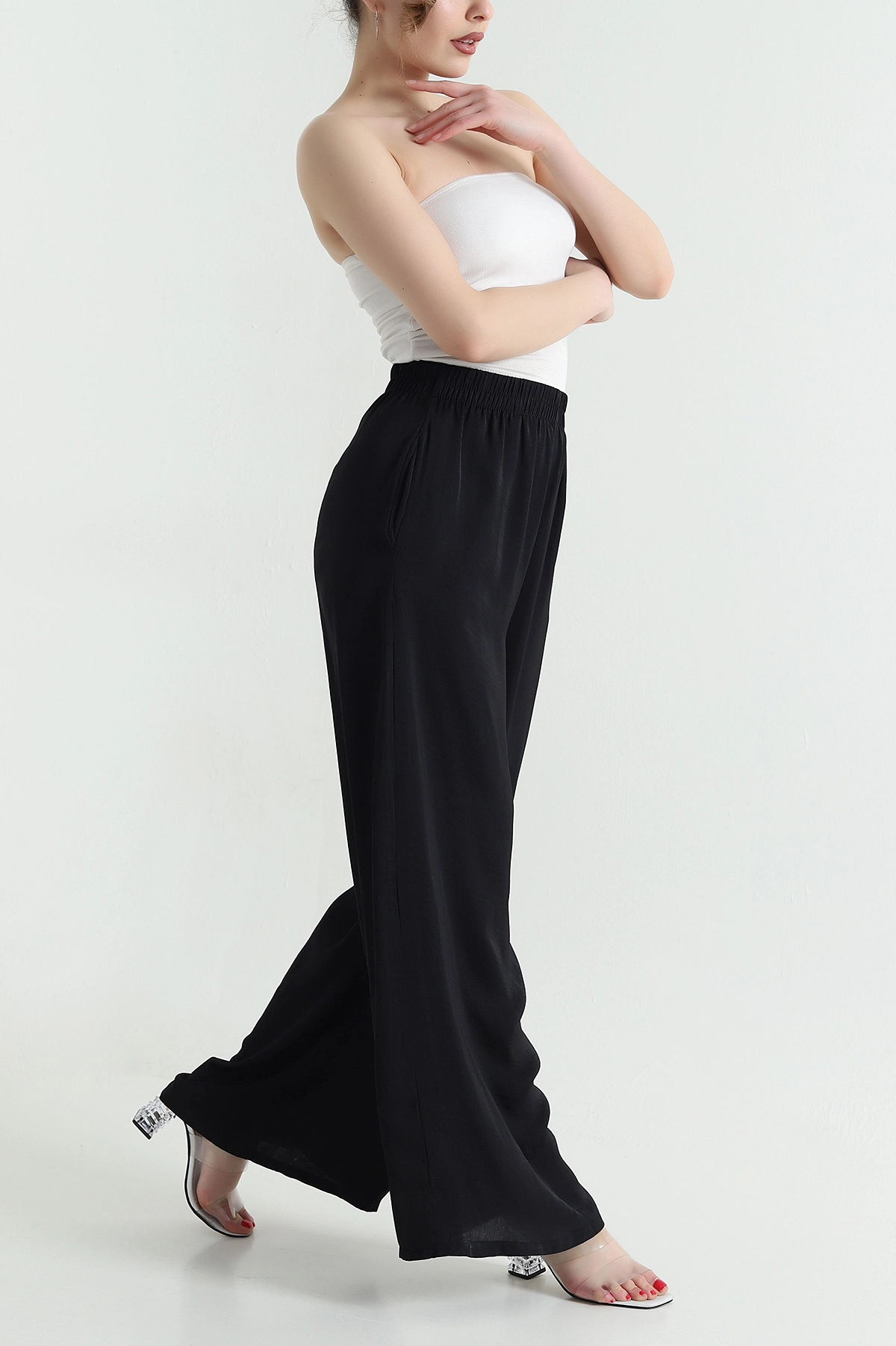Siyah Cepli Bel Lastikli Tencel Kadın Pantolon 446675