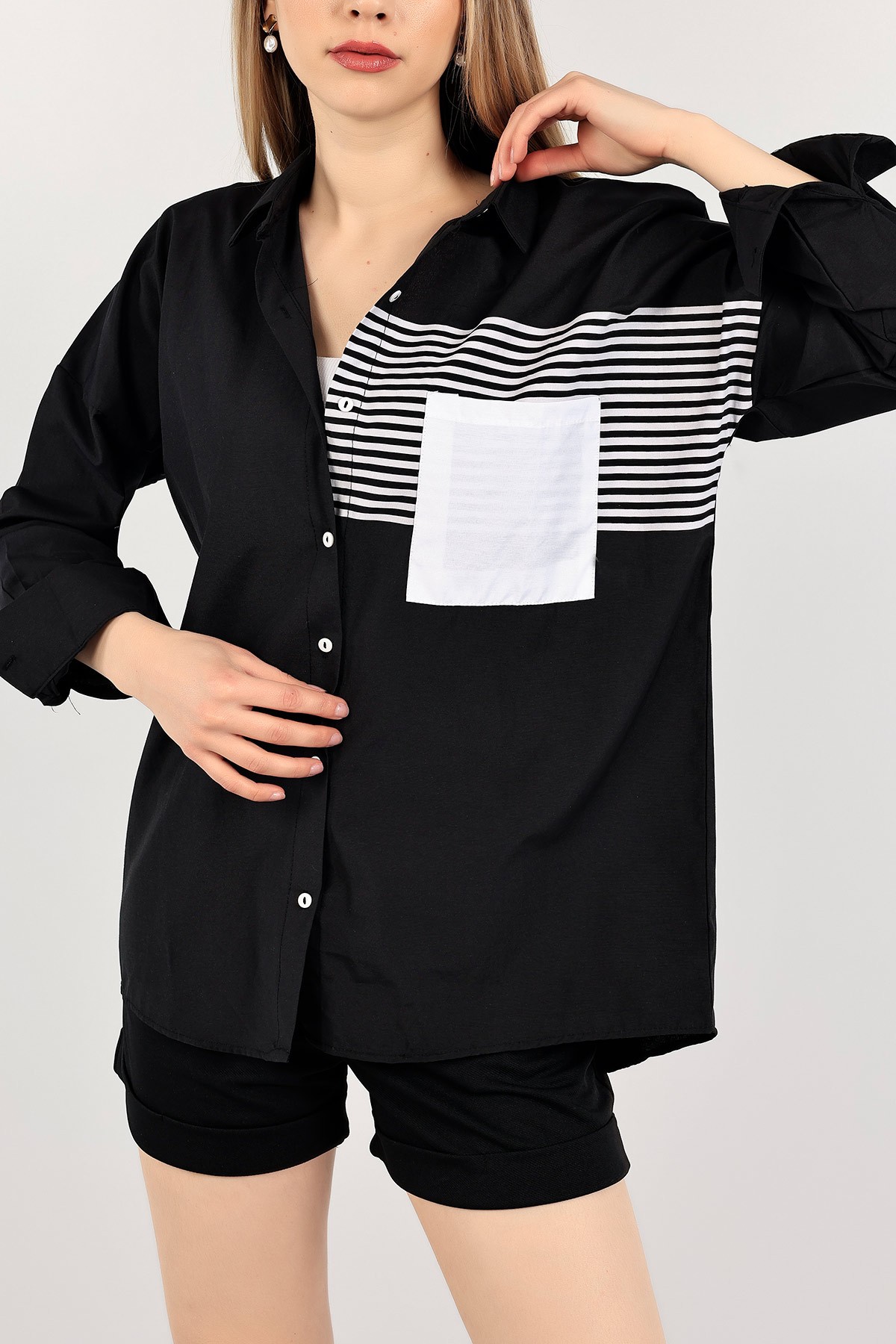 Siyah Cepli Çizgili Poplin Bayan Gömlek Tunik 109724