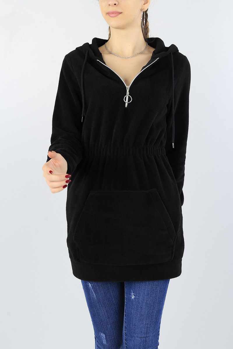 Siyah Cepli Kapüşonlu Bayan Polarlı Sweat Tunik 53055