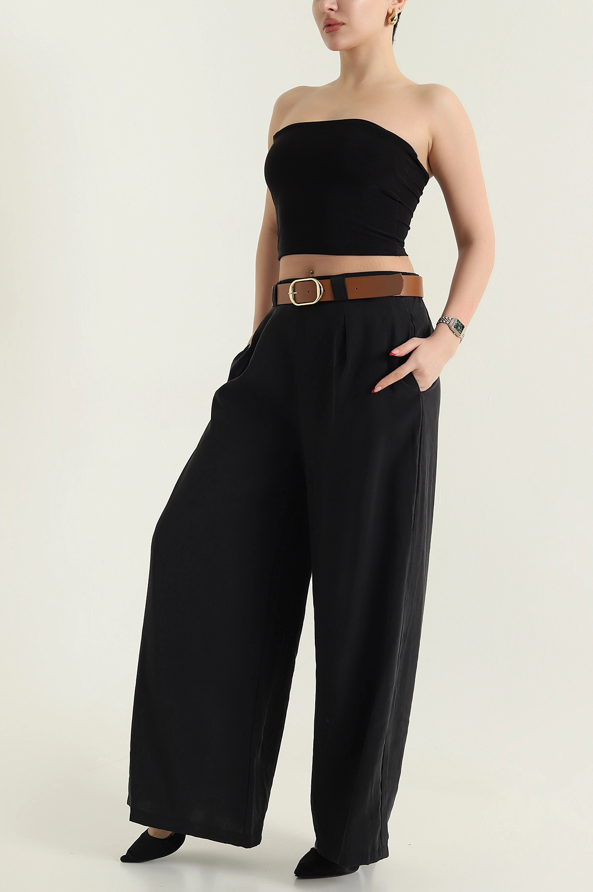 Siyah Cepli Pileli Tencel Kadın Pantolon 436732
