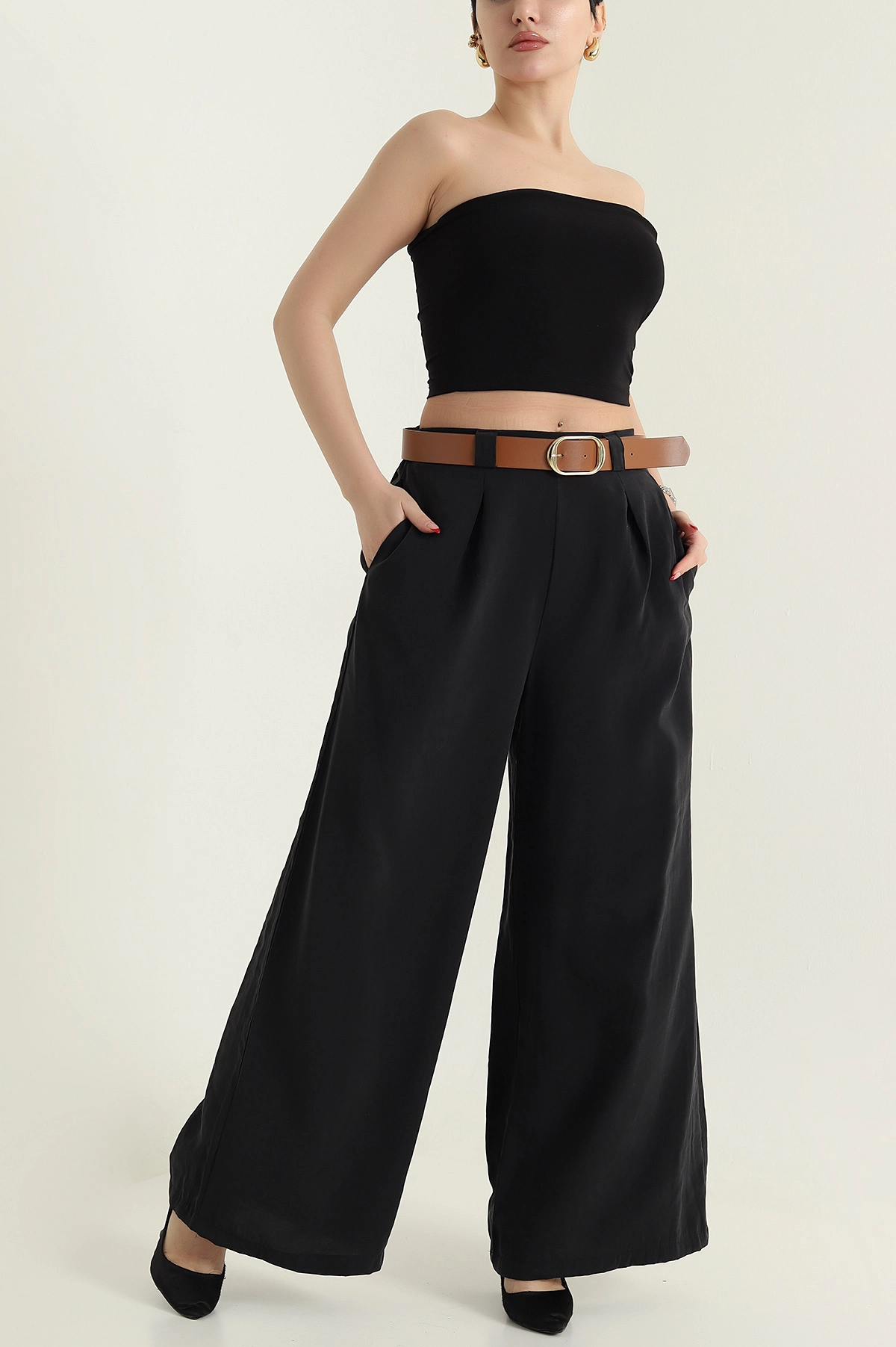 Siyah Cepli Pileli Tencel Kadın Pantolon 436732