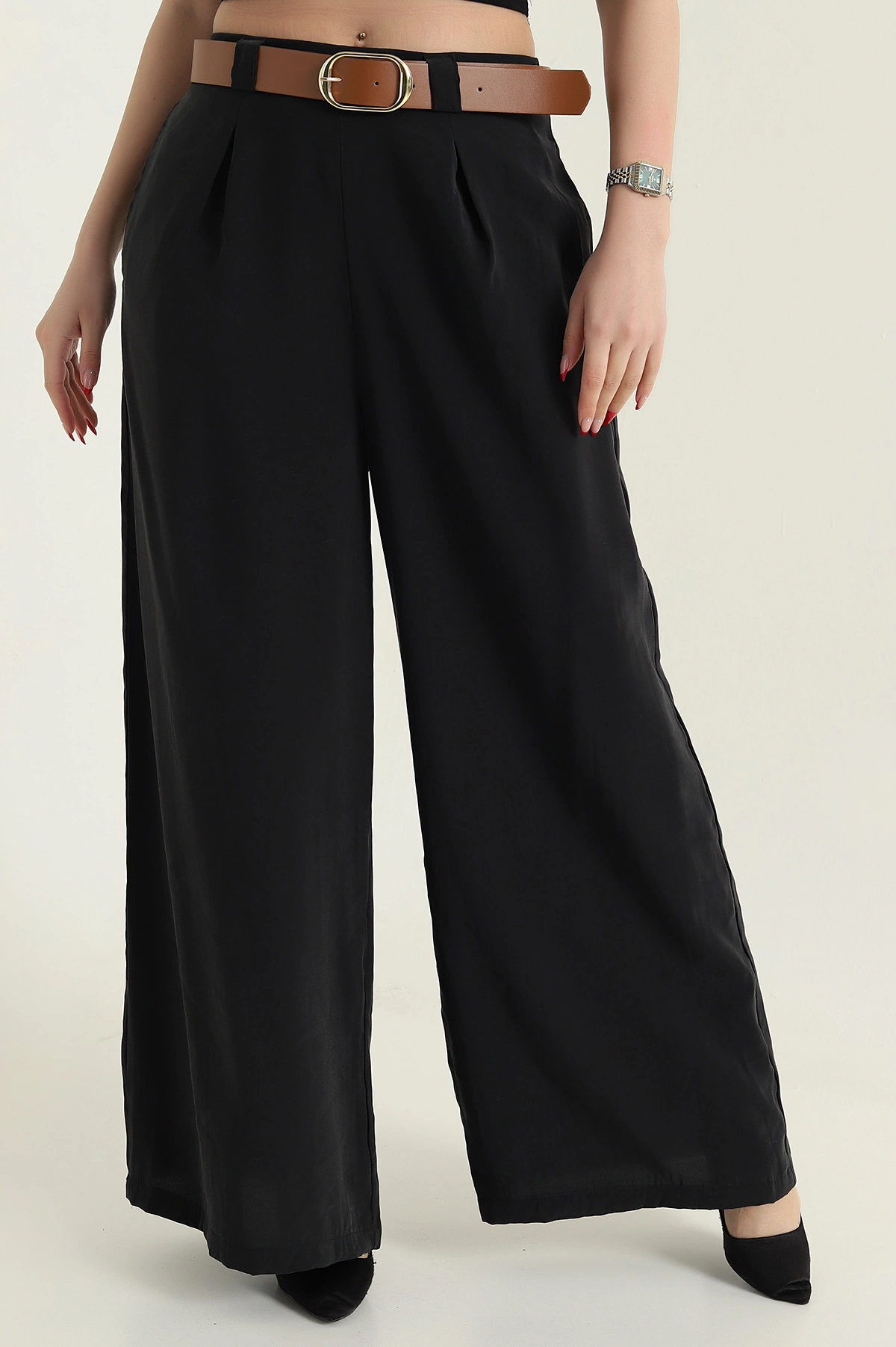 Siyah Cepli Pileli Tencel Kadın Pantolon 436732